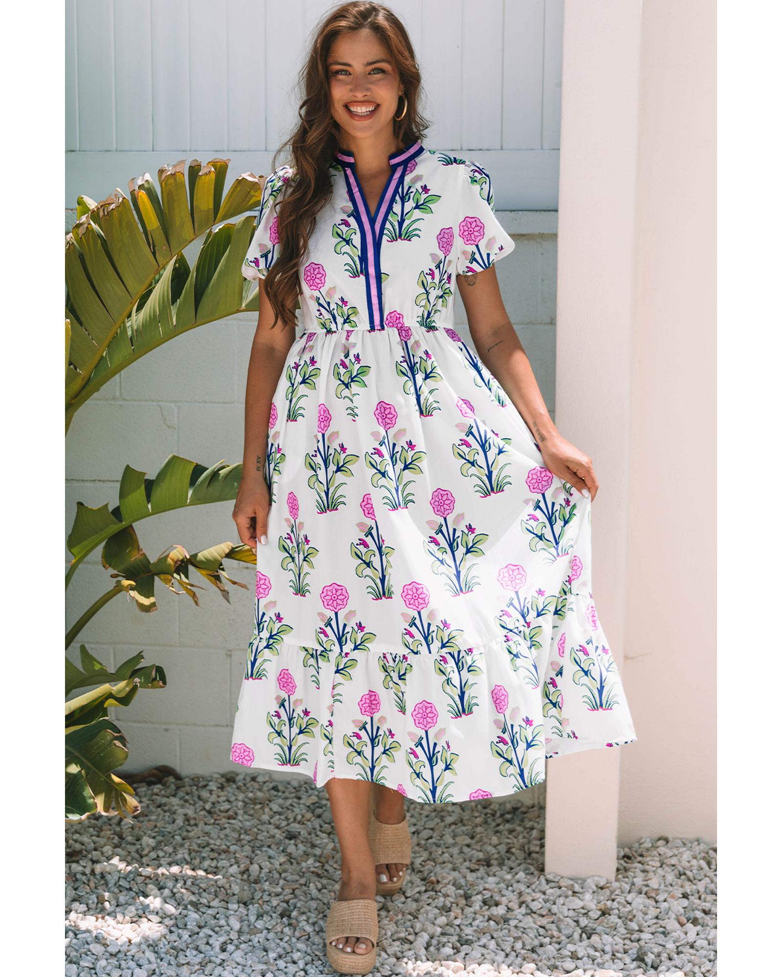 White Floral Puff Short Sleeve V Neck High Waist Maxi Dress - L 5