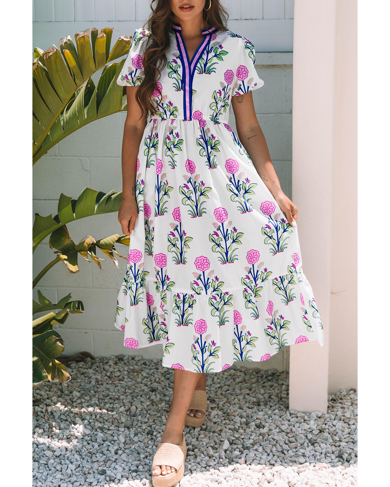 White Floral Puff Short Sleeve V Neck High Waist Maxi Dress - L 8