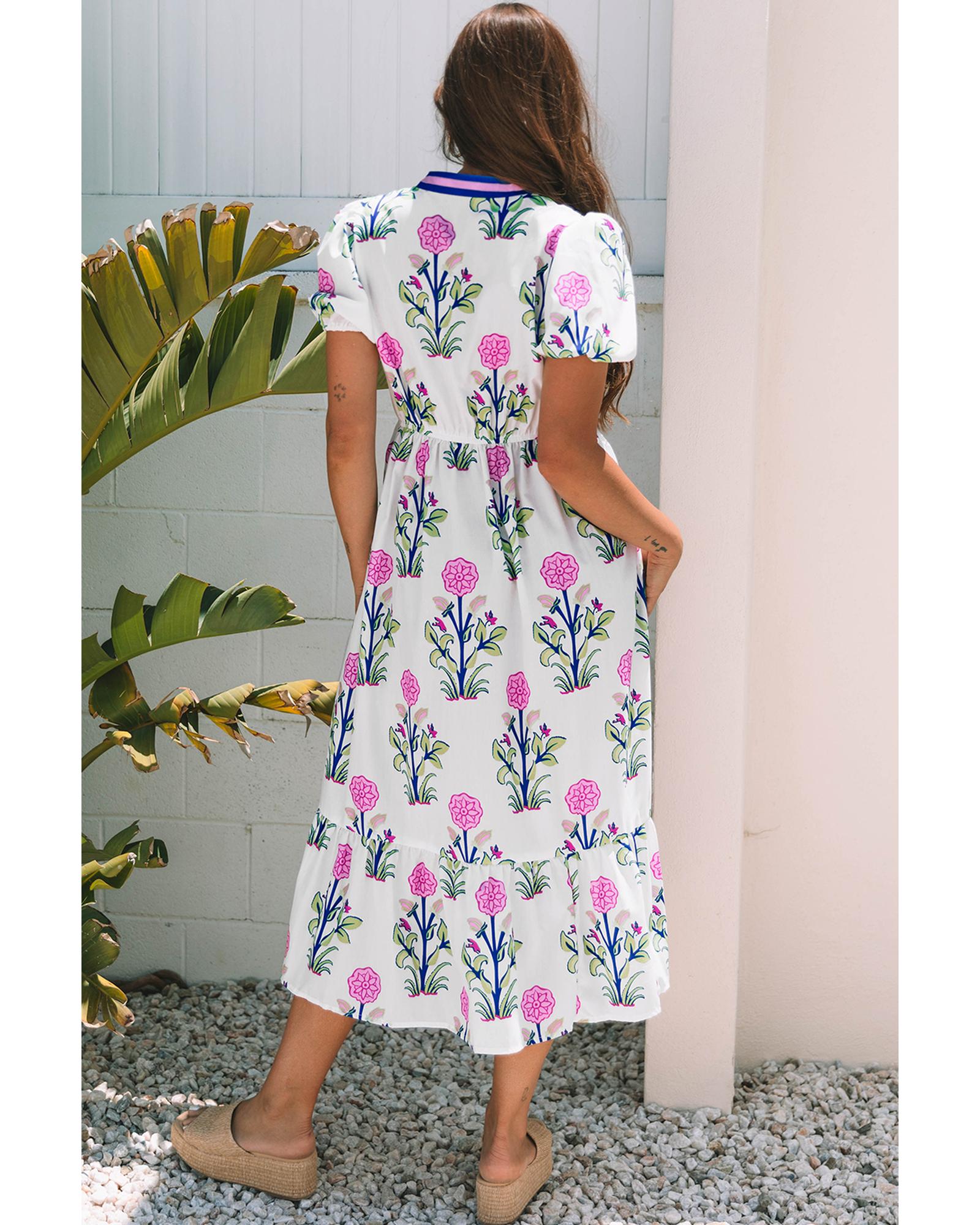 White Floral Puff Short Sleeve V Neck High Waist Maxi Dress - M
