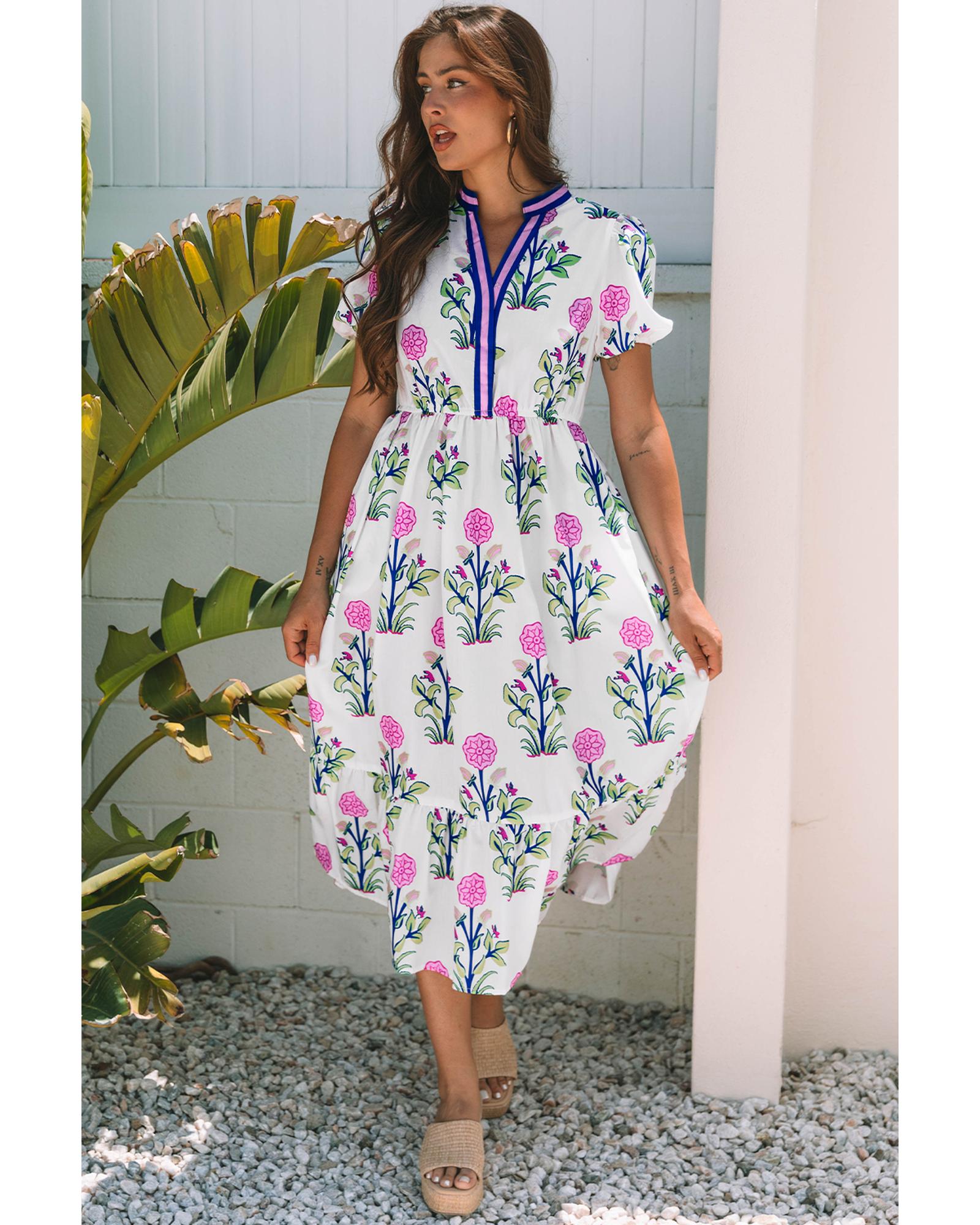 White Floral Puff Short Sleeve V Neck High Waist Maxi Dress - M 4