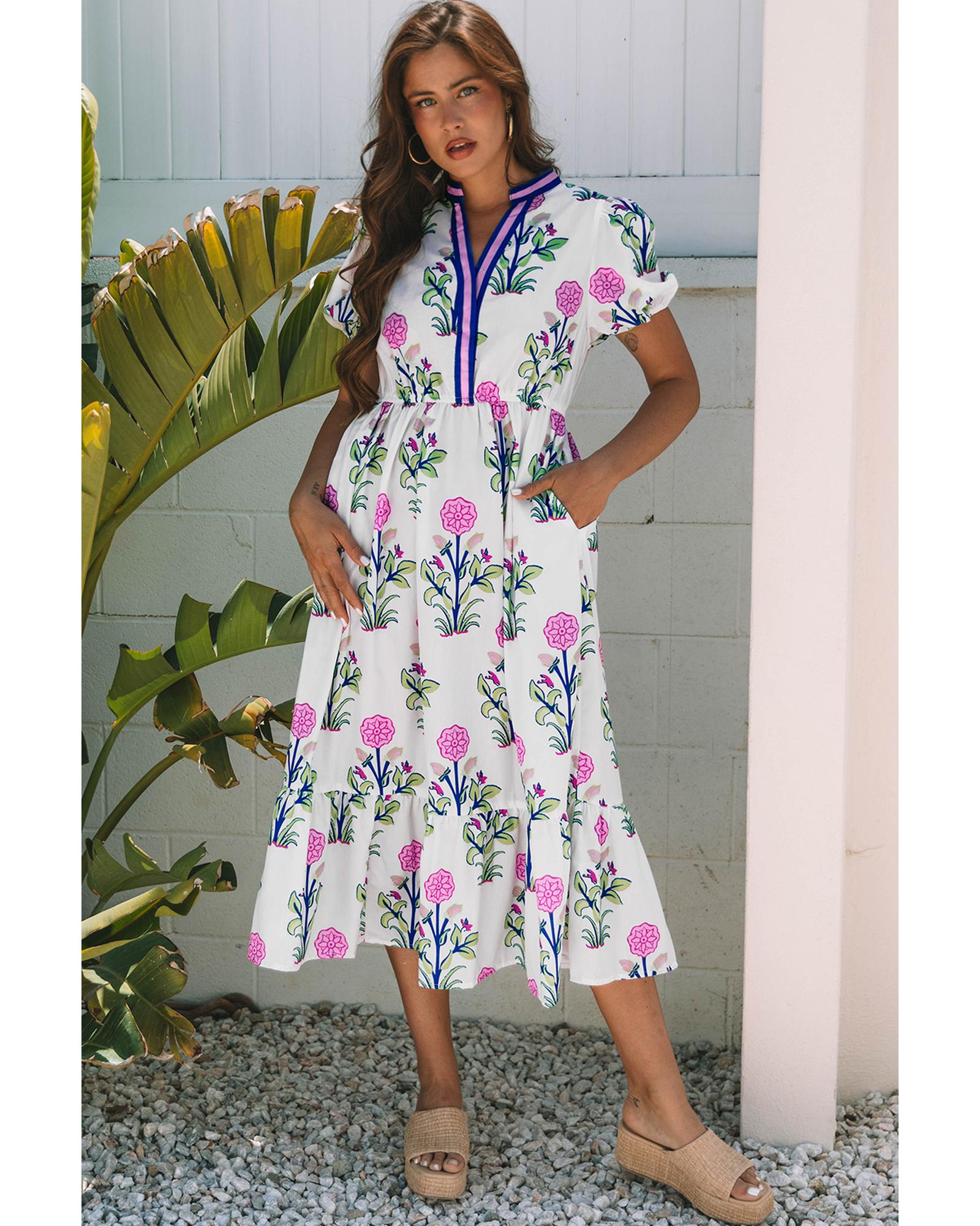 White Floral Puff Short Sleeve V Neck High Waist Maxi Dress - M 7