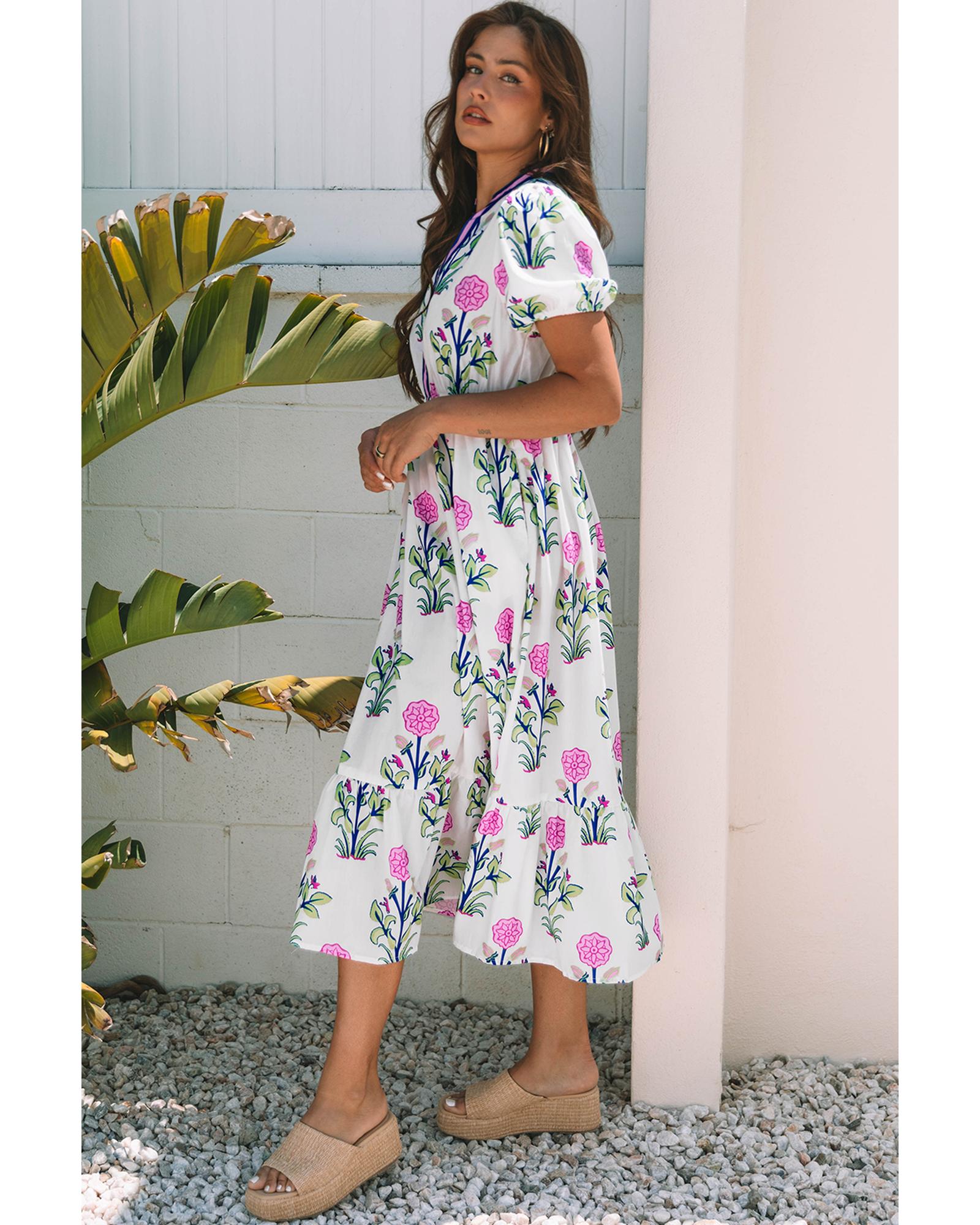 White Floral Puff Short Sleeve V Neck High Waist Maxi Dress - S