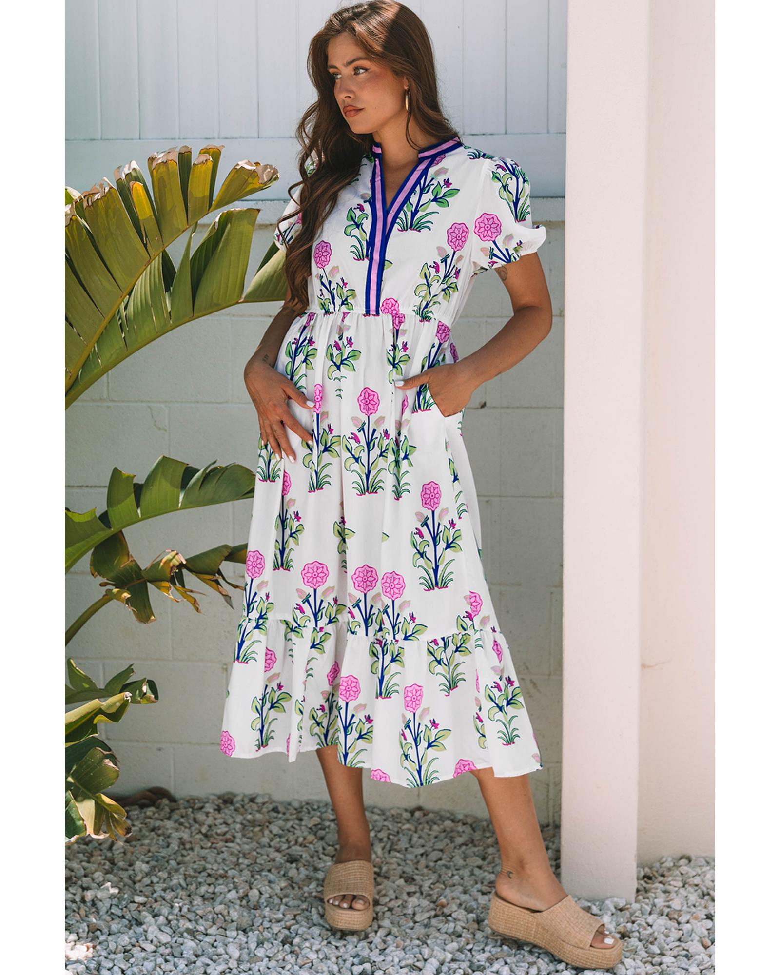 White Floral Puff Short Sleeve V Neck High Waist Maxi Dress - XL 6