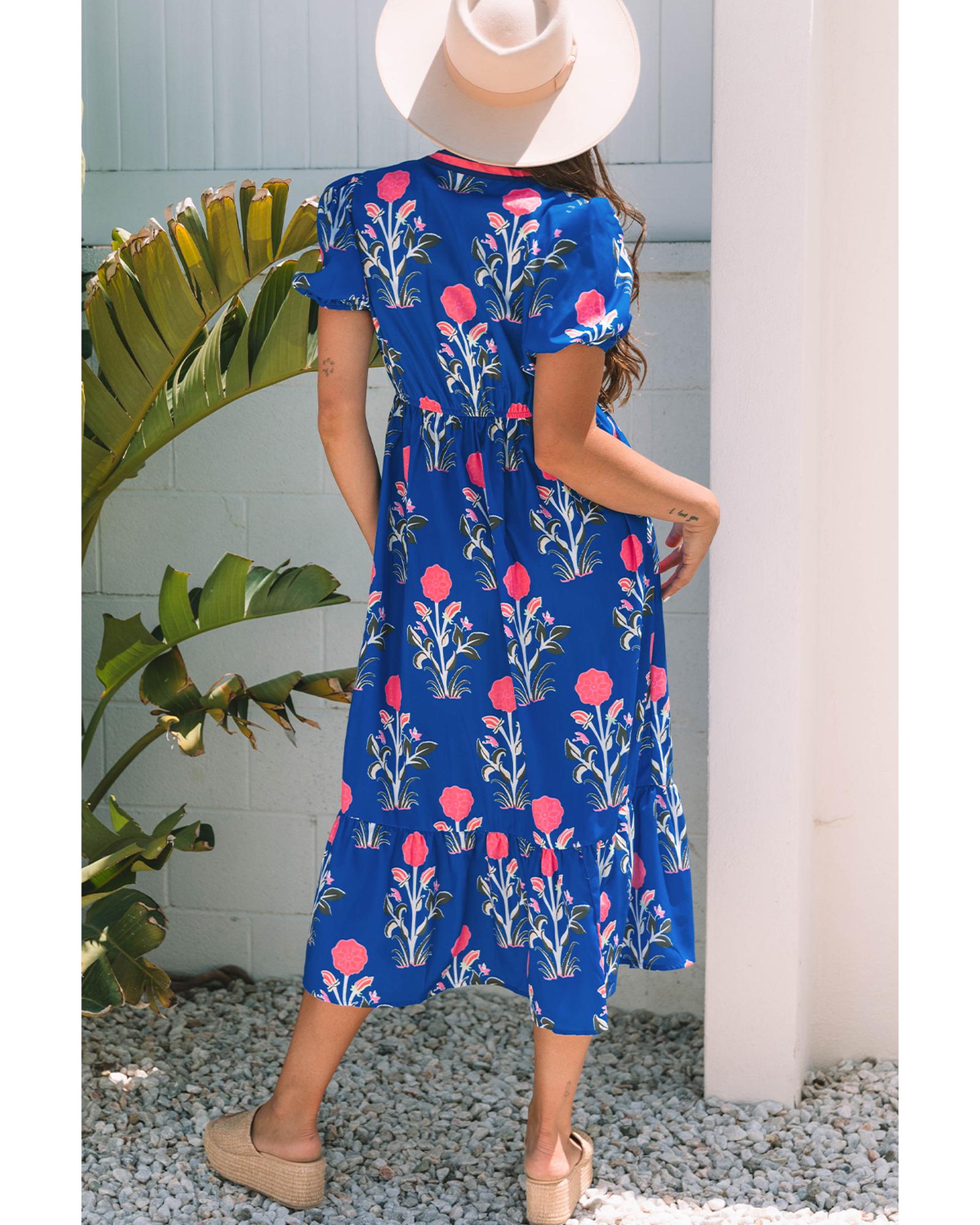 Sky Blue Floral Puff Short Sleeve V Neck High Waist Maxi Dress - L