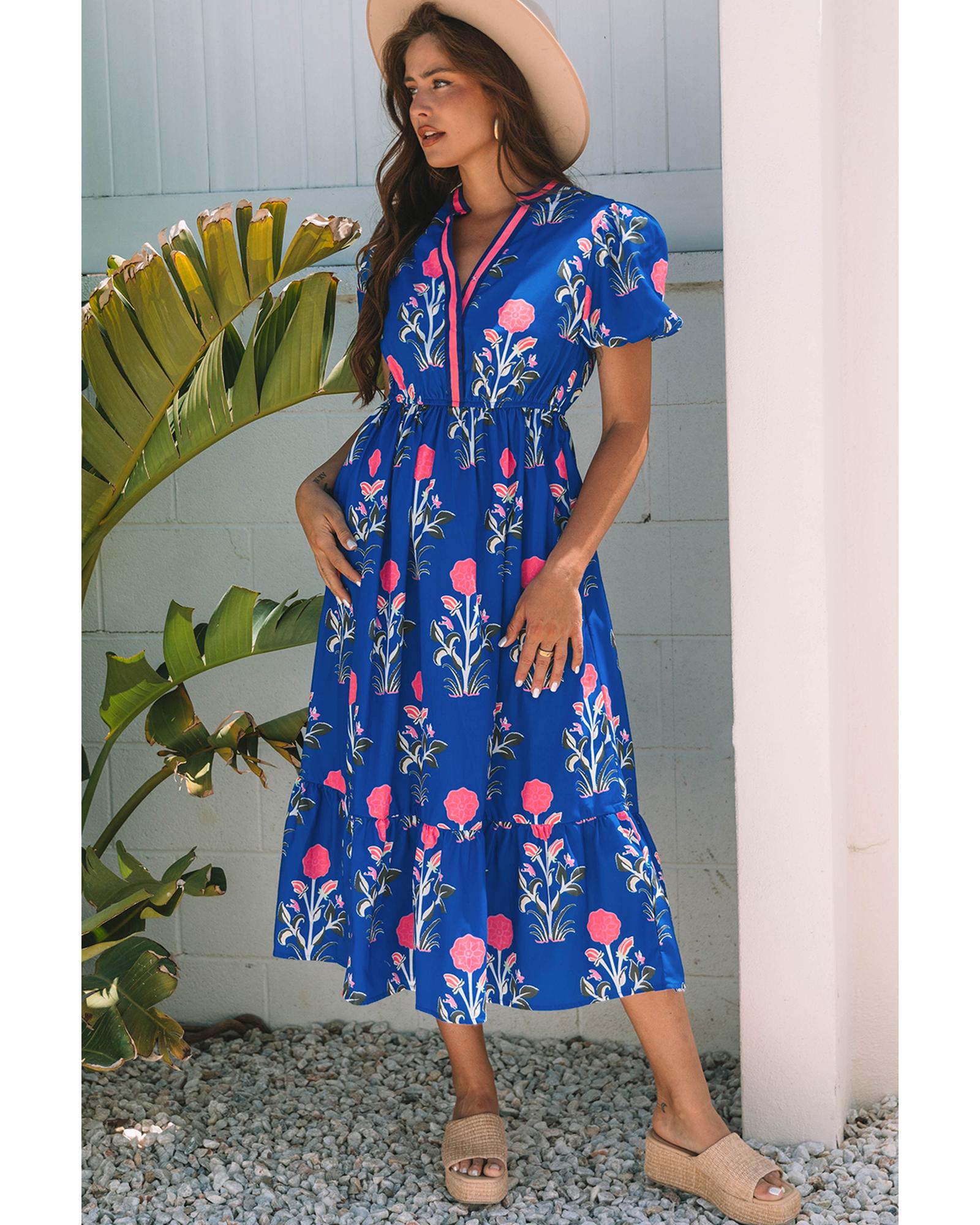 Sky Blue Floral Puff Short Sleeve V Neck High Waist Maxi Dress - L 4