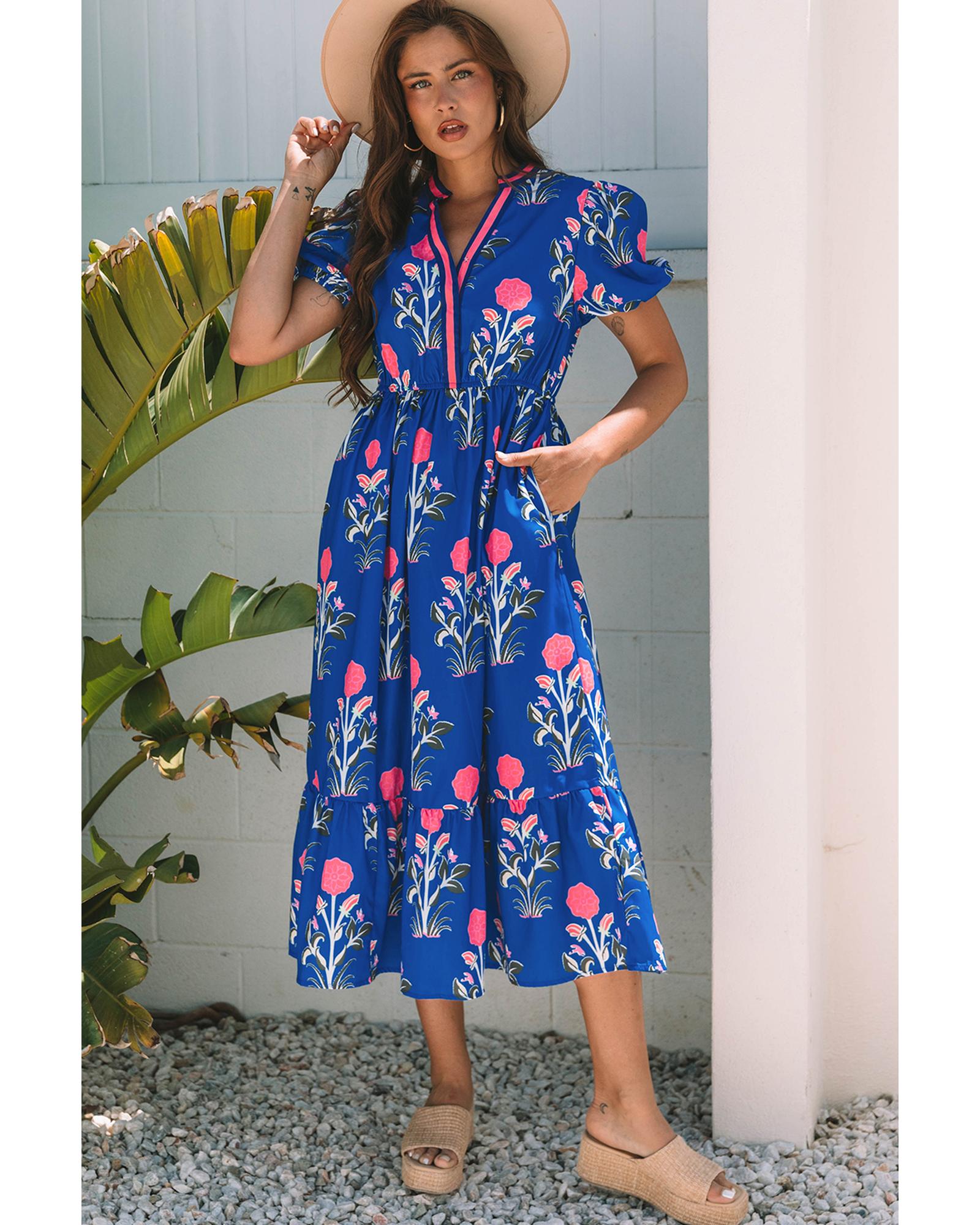 Sky Blue Floral Puff Short Sleeve V Neck High Waist Maxi Dress - L 5