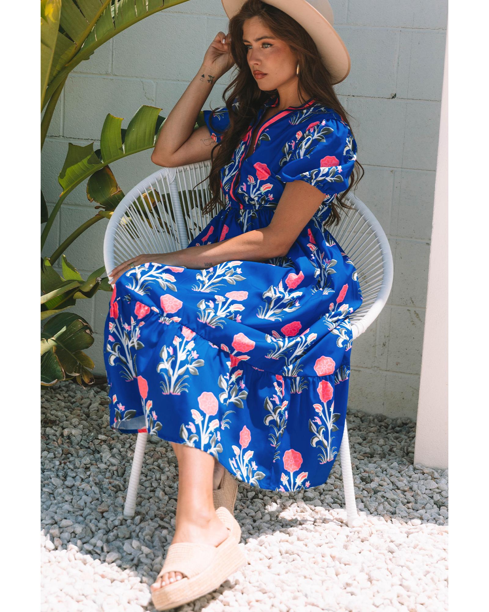 Sky Blue Floral Puff Short Sleeve V Neck High Waist Maxi Dress - L 7