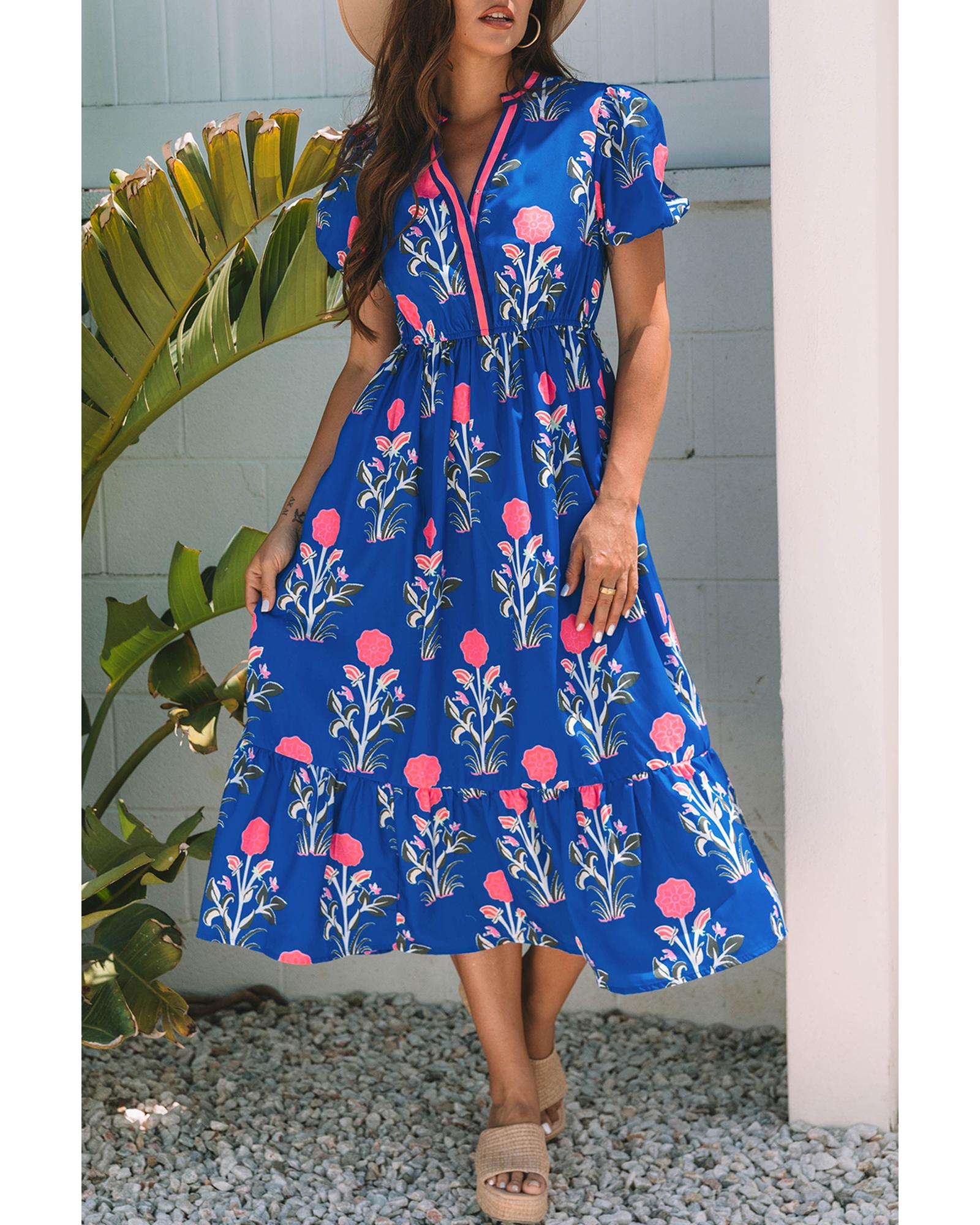 Sky Blue Floral Puff Short Sleeve V Neck High Waist Maxi Dress - L 8