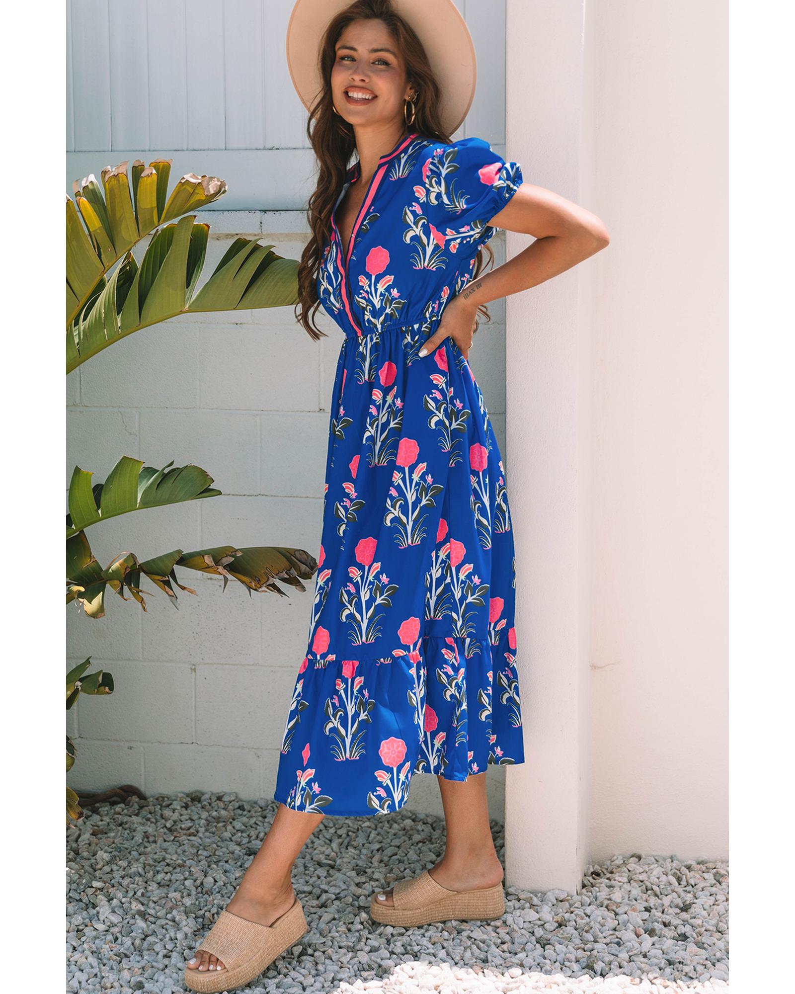 Sky Blue Floral Puff Short Sleeve V Neck High Waist Maxi Dress - XL 3