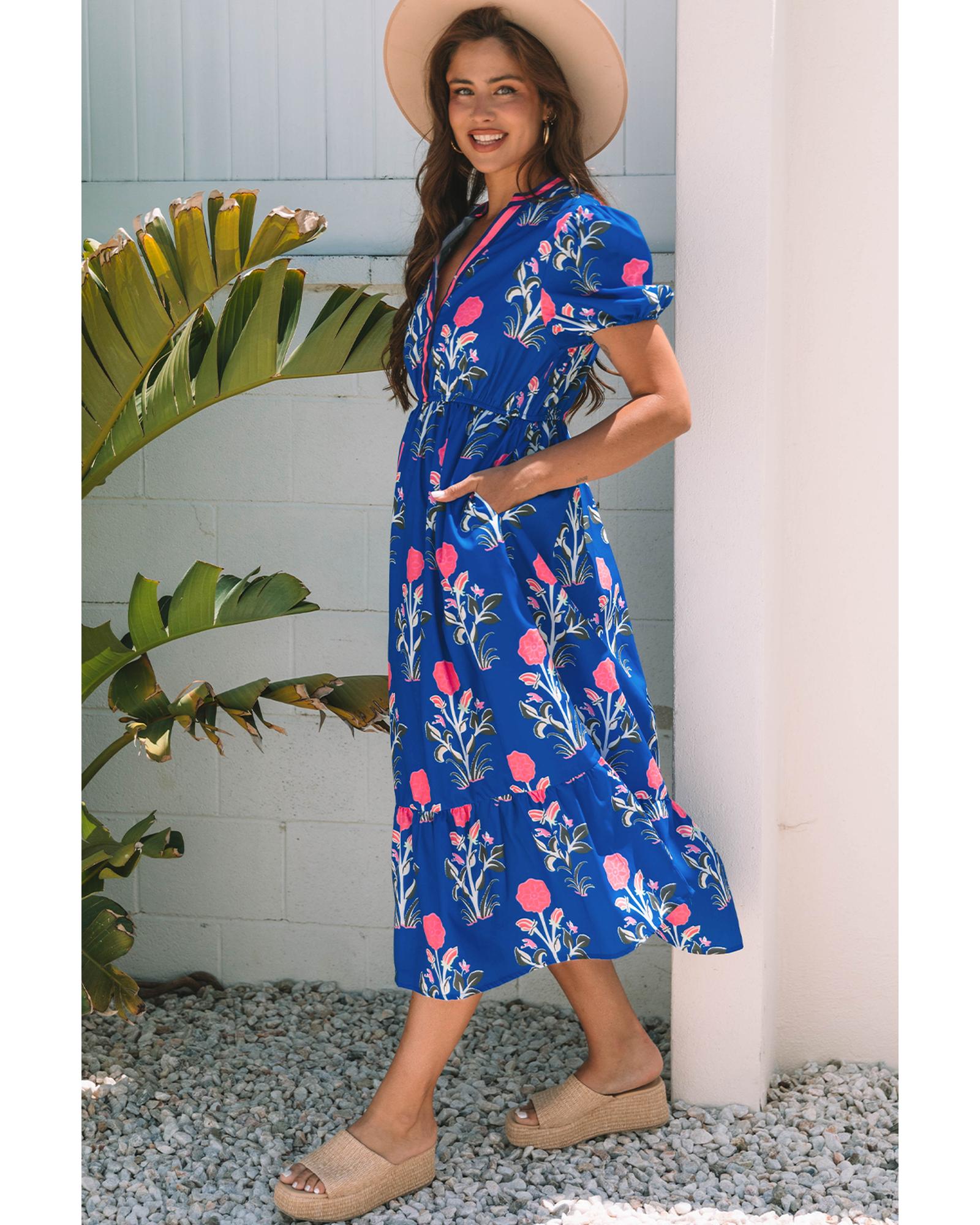 Sky Blue Floral Puff Short Sleeve V Neck High Waist Maxi Dress - XL 6