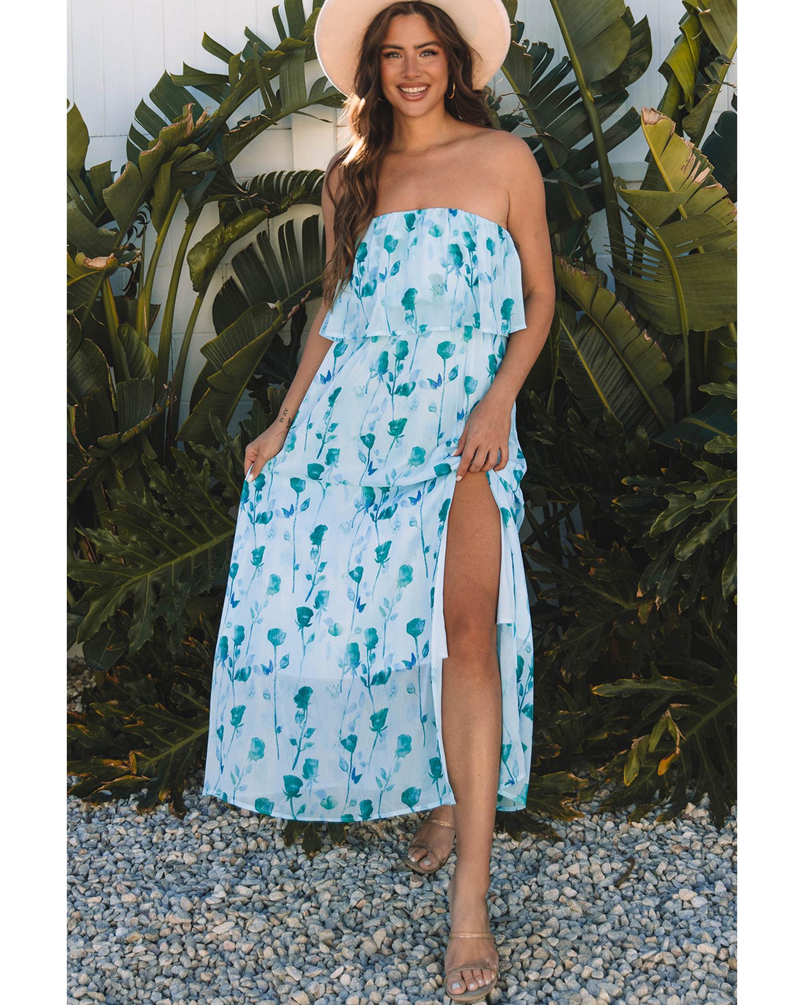 Green Floral Print Ruffled Side Slit Tube Top Maxi Dress - L