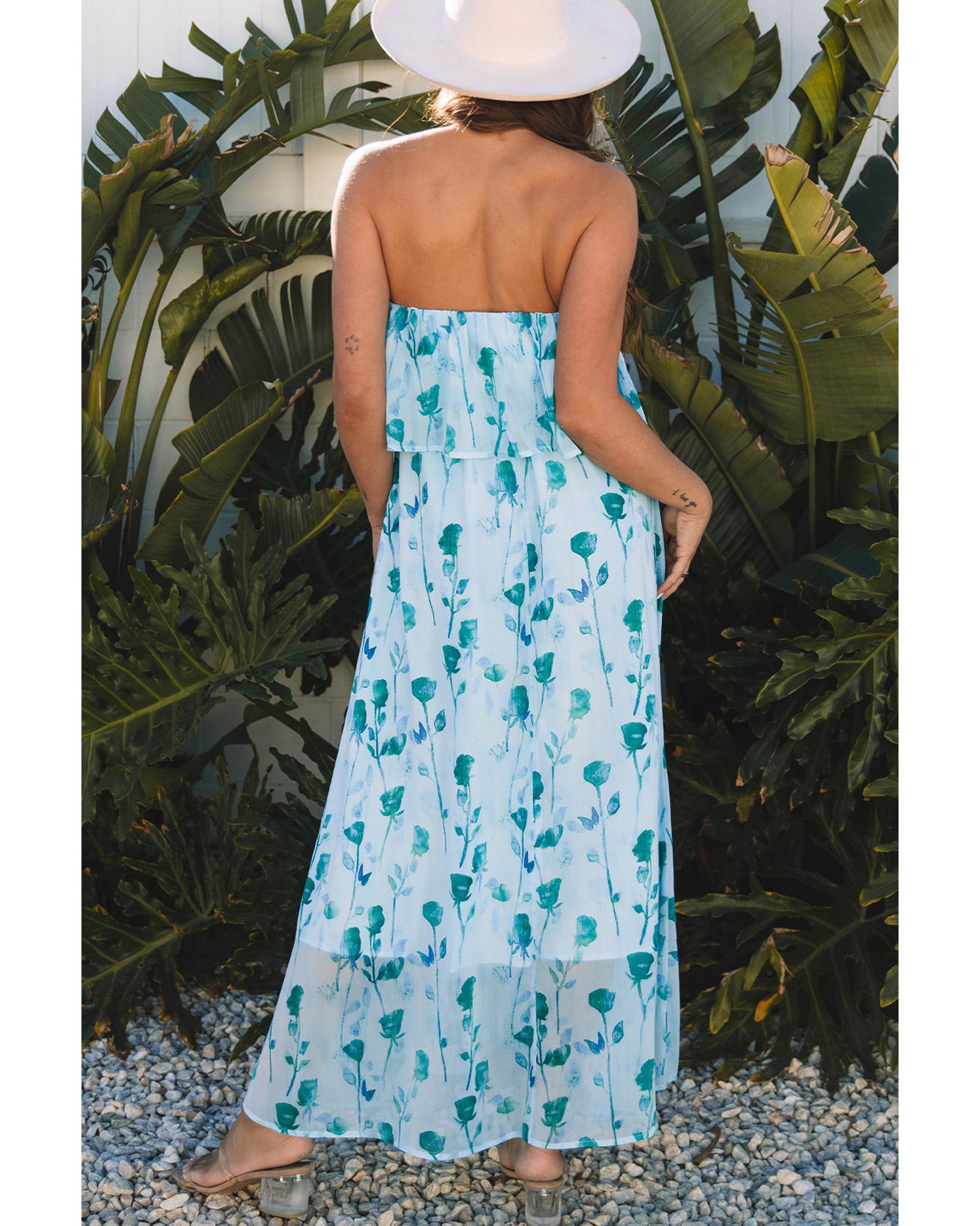 Green Floral Print Ruffled Side Slit Tube Top Maxi Dress - L