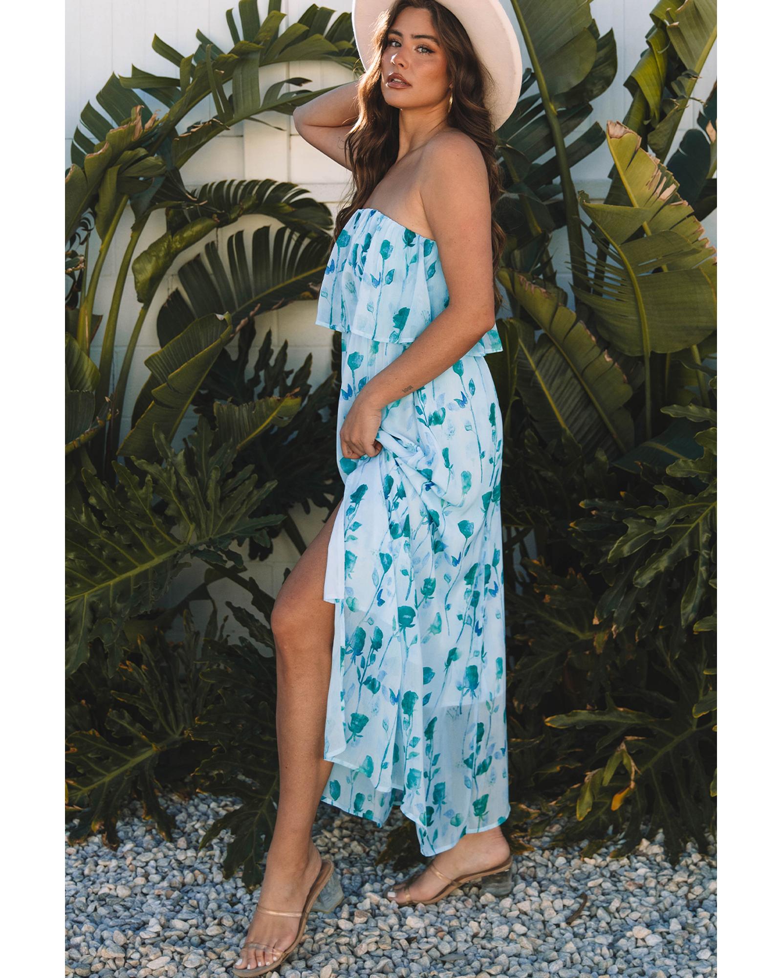 Green Floral Print Ruffled Side Slit Tube Top Maxi Dress - L 3
