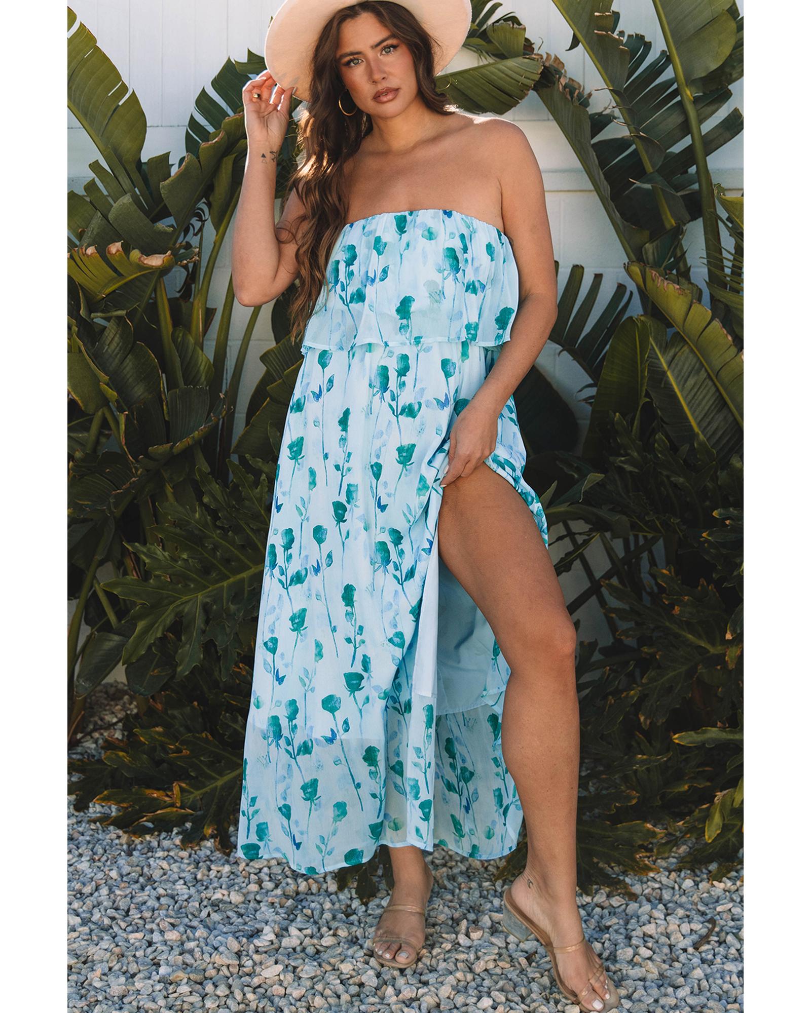 Green Floral Print Ruffled Side Slit Tube Top Maxi Dress - L 4