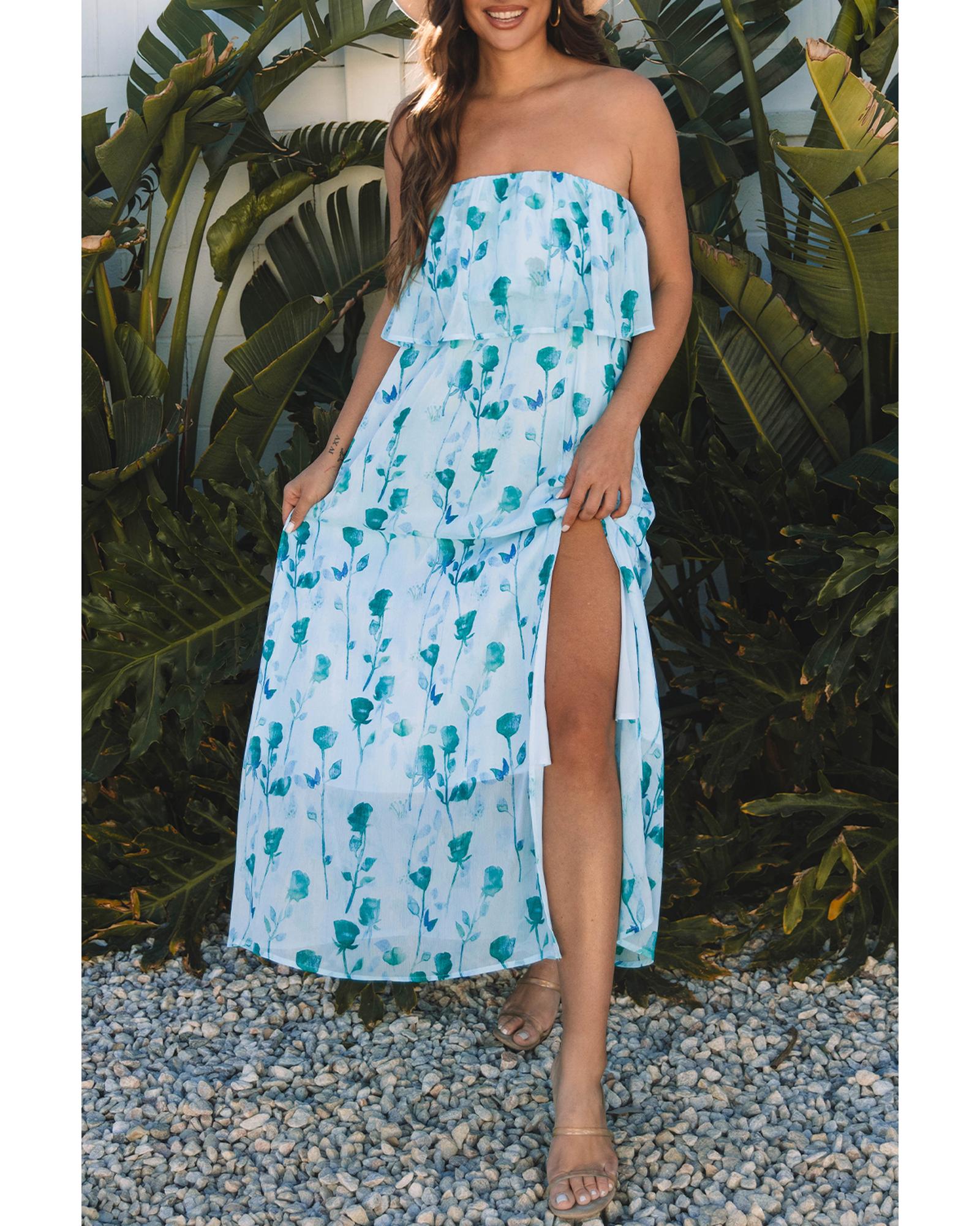 Green Floral Print Ruffled Side Slit Tube Top Maxi Dress - L 6