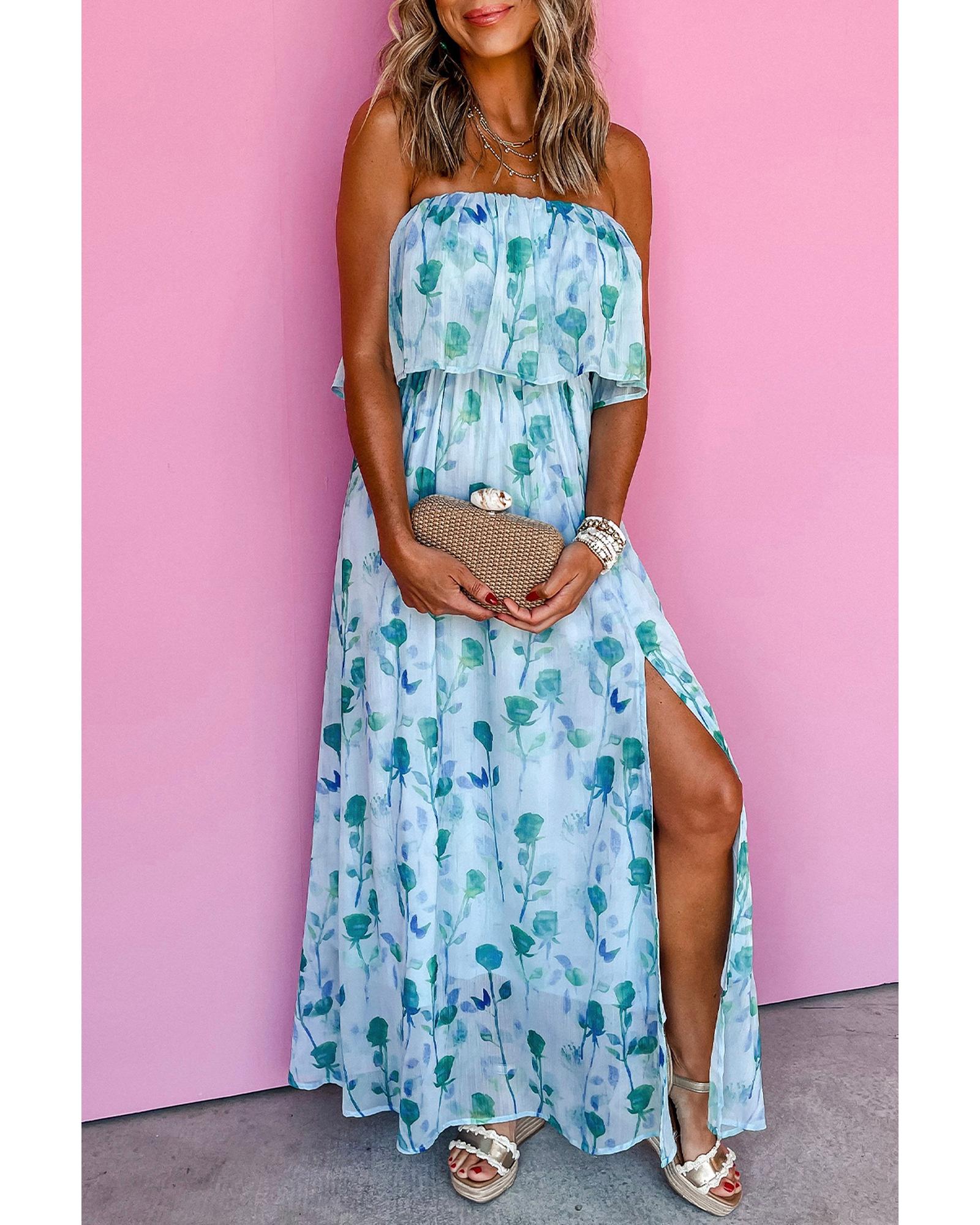 Green Floral Print Ruffled Side Slit Tube Top Maxi Dress - L 7