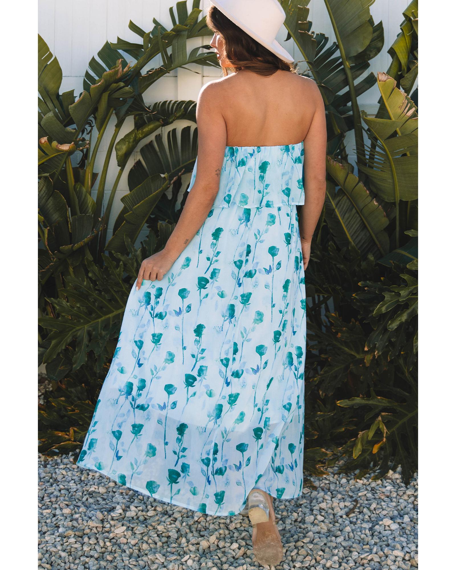 Green Floral Print Ruffled Side Slit Tube Top Maxi Dress - XL 5