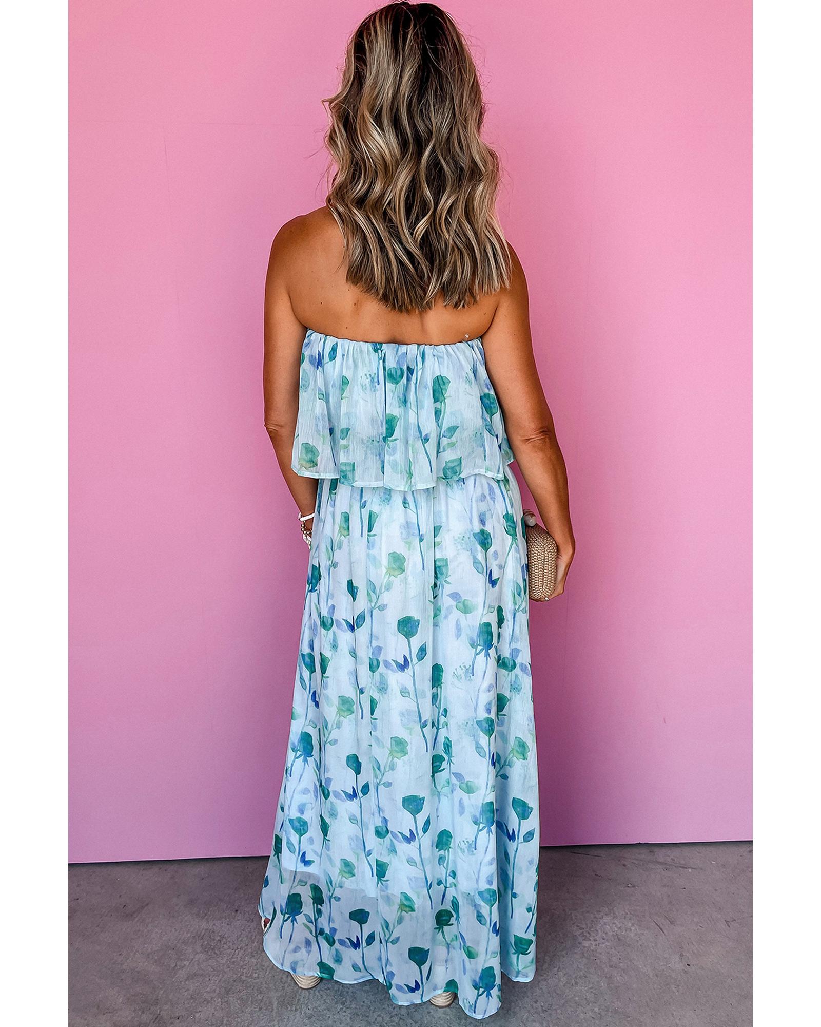 Green Floral Print Ruffled Side Slit Tube Top Maxi Dress - XL 7