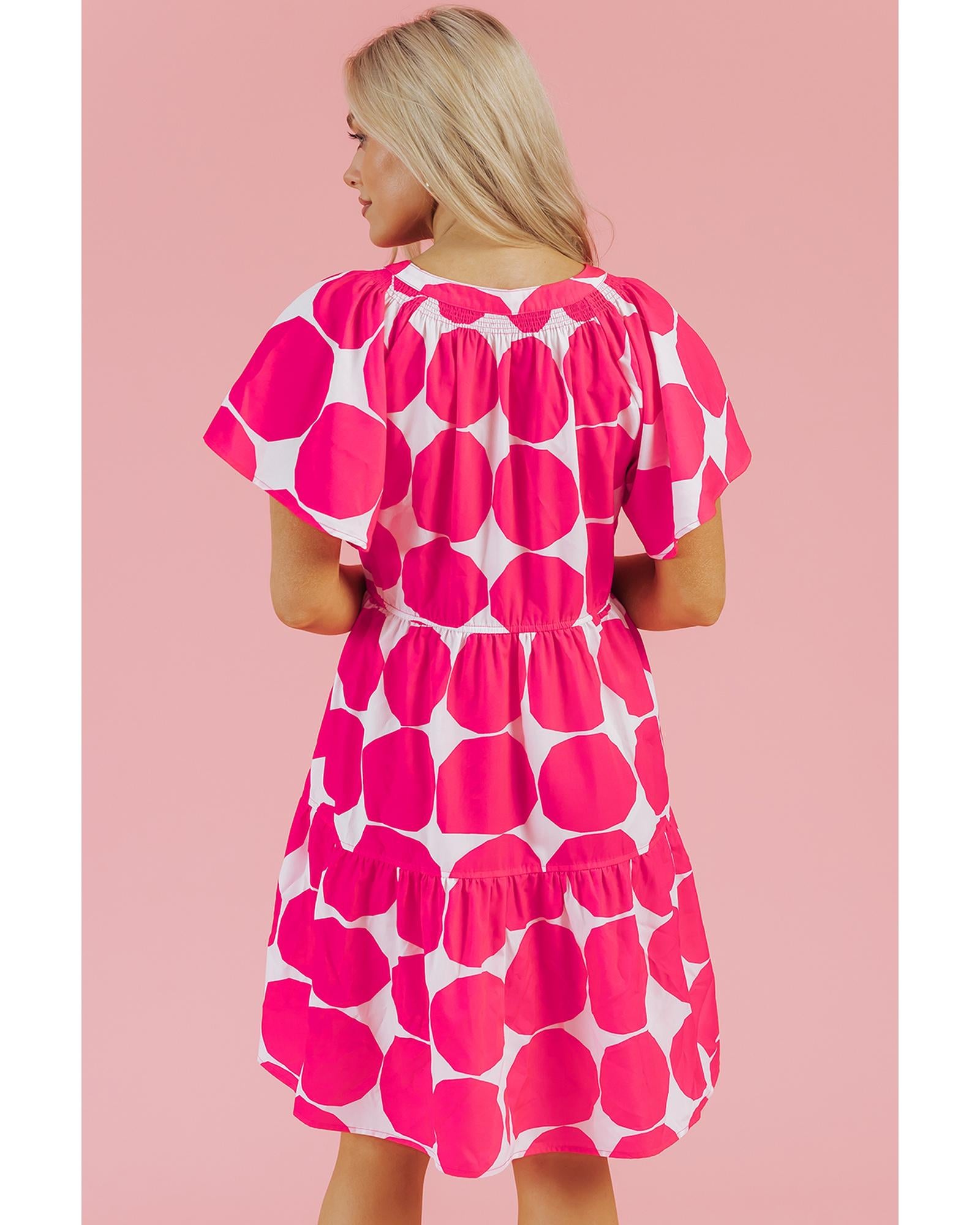 Rose Polka Dot Flutter Sleeve Notched Neck Tiered Flowy Dress - M