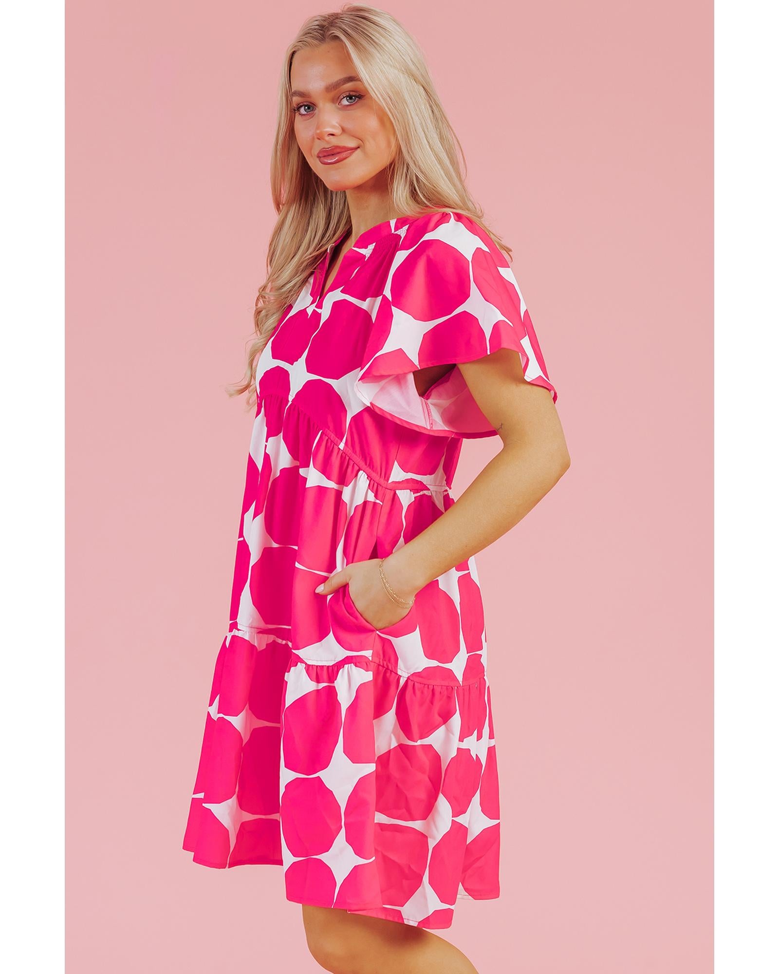 Rose Polka Dot Flutter Sleeve Notched Neck Tiered Flowy Dress - M 3