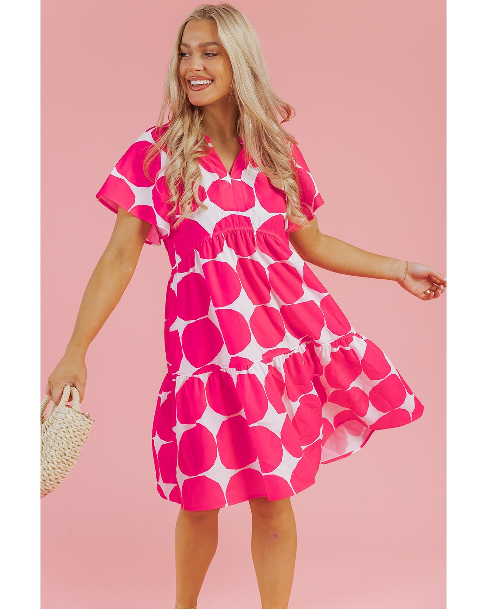 Rose Polka Dot Flutter Sleeve Notched Neck Tiered Flowy Dress - M 4