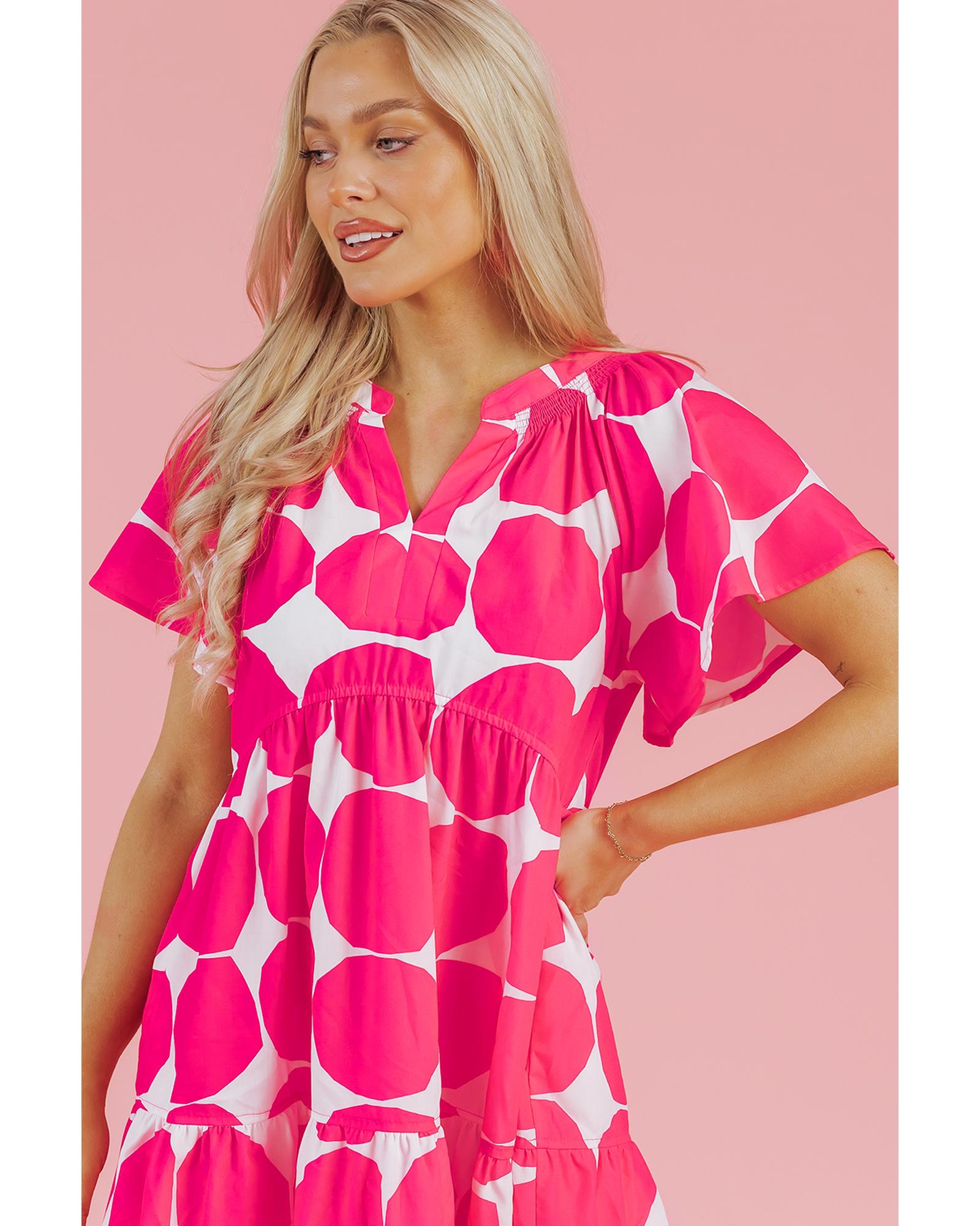 Rose Polka Dot Flutter Sleeve Notched Neck Tiered Flowy Dress - M 5