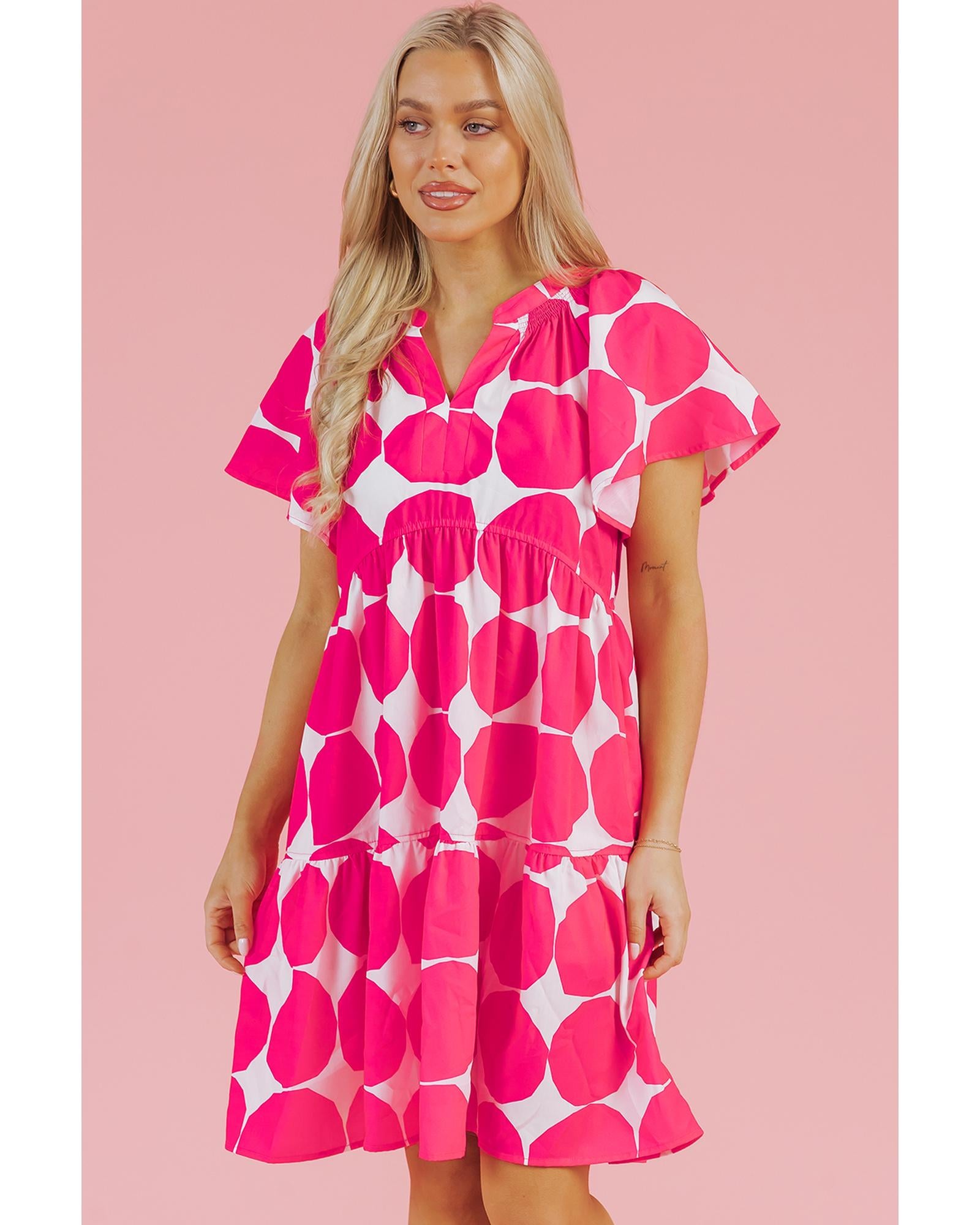 Rose Polka Dot Flutter Sleeve Notched Neck Tiered Flowy Dress - M 6