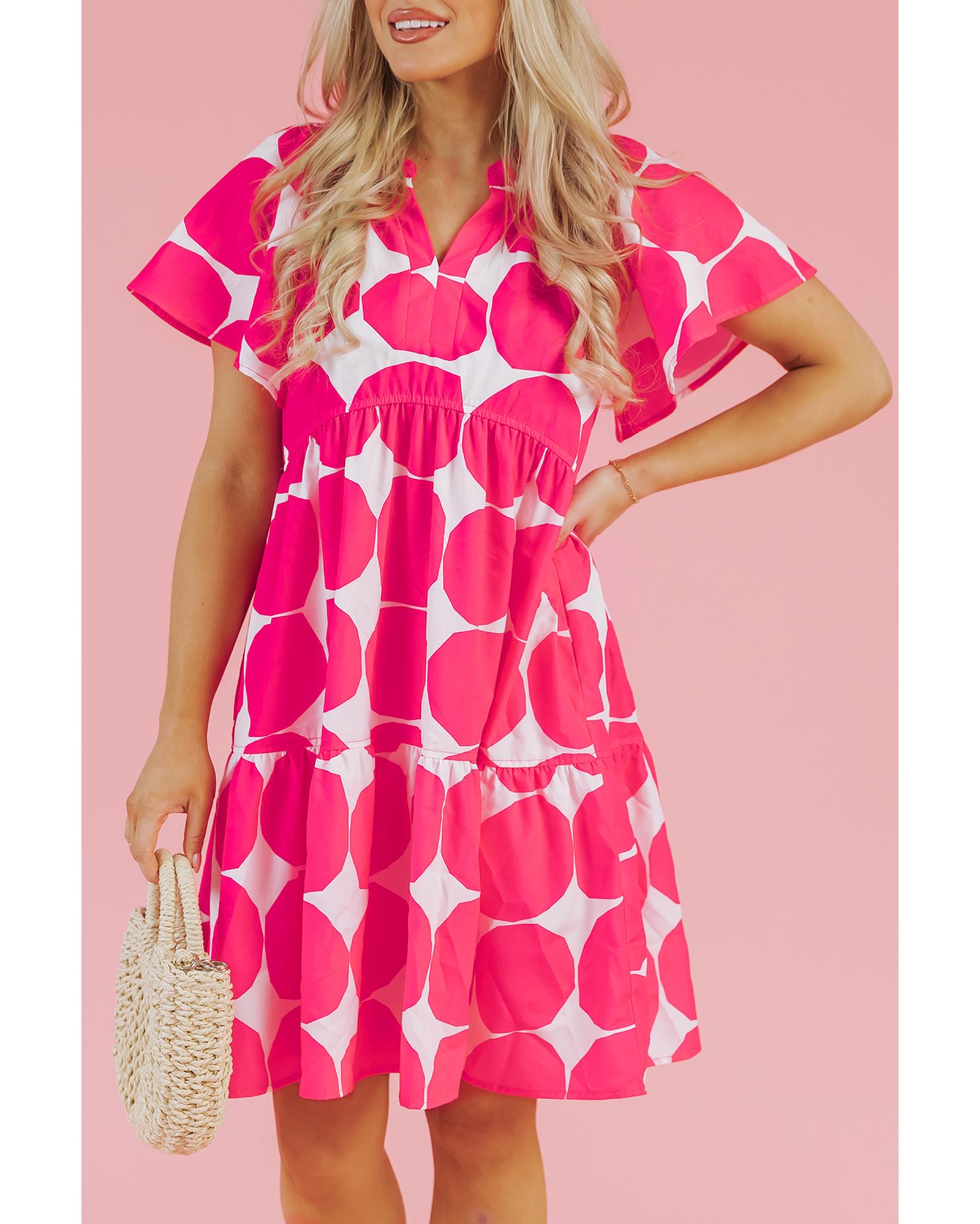 Rose Polka Dot Flutter Sleeve Notched Neck Tiered Flowy Dress - M 8