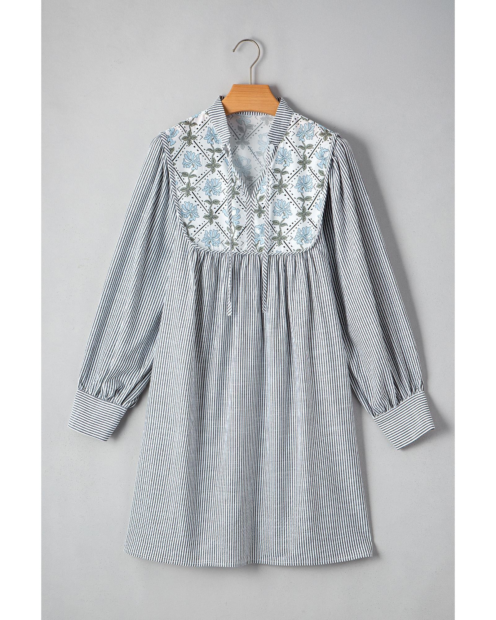 Black Stripe Floral Patchwork Tied V Neck Shift Long Sleeve Mini Dress - L 4