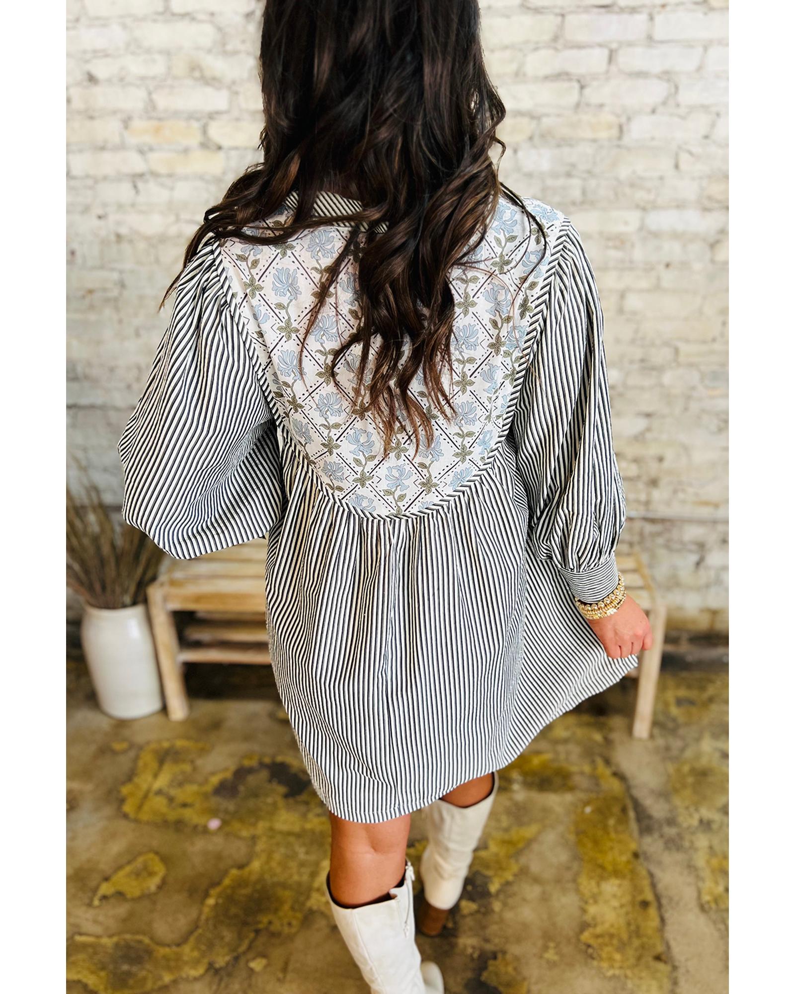 Black Stripe Floral Patchwork Tied V Neck Shift Long Sleeve Mini Dress - S 3