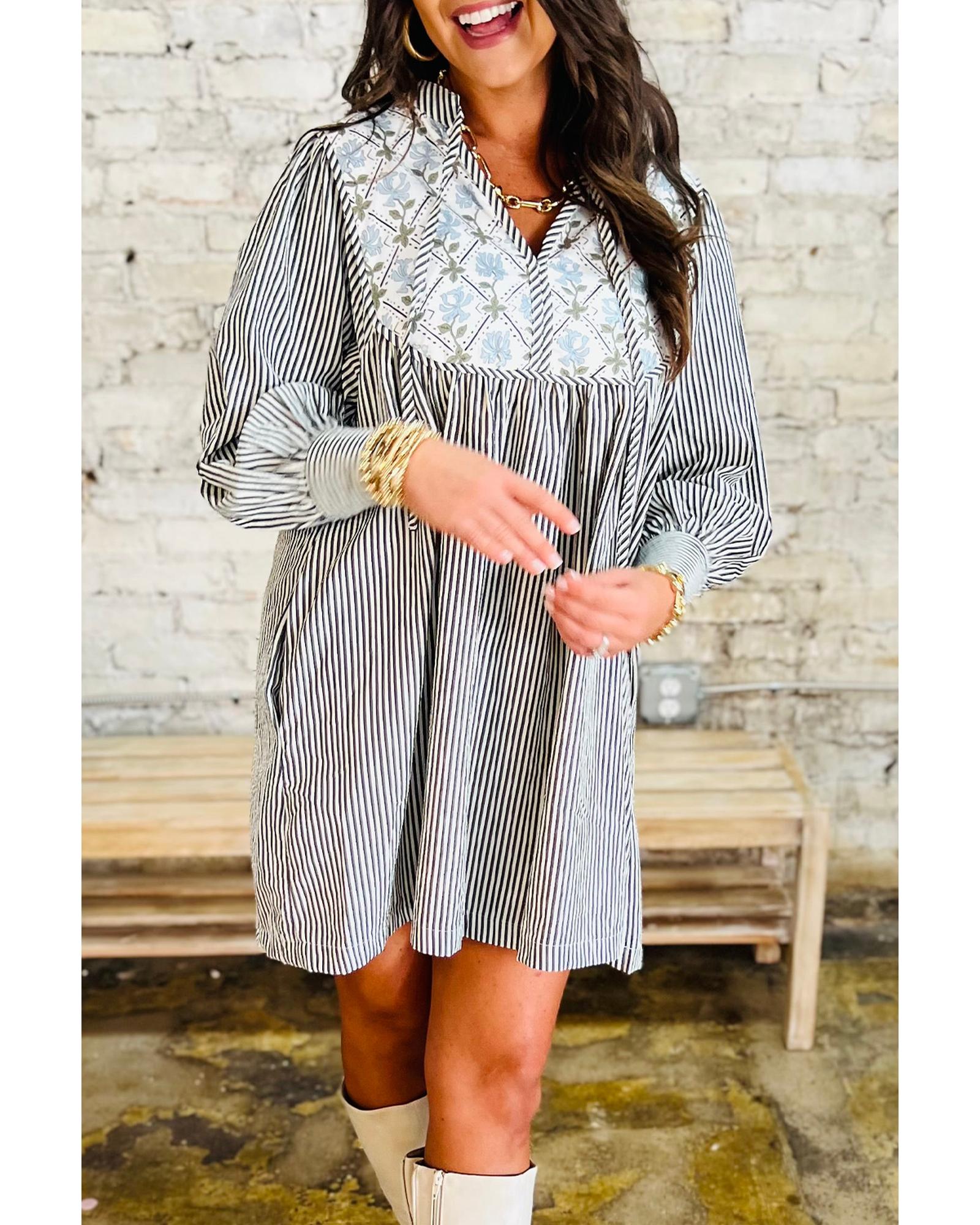 Black Stripe Floral Patchwork Tied V Neck Shift Long Sleeve Mini Dress - XL 5