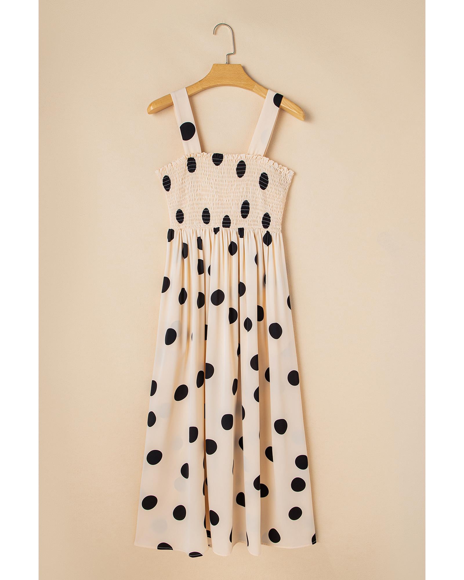 Oatmeal Polka Dot Smocked Fit Flared Sleeveless Long Dress - L 3
