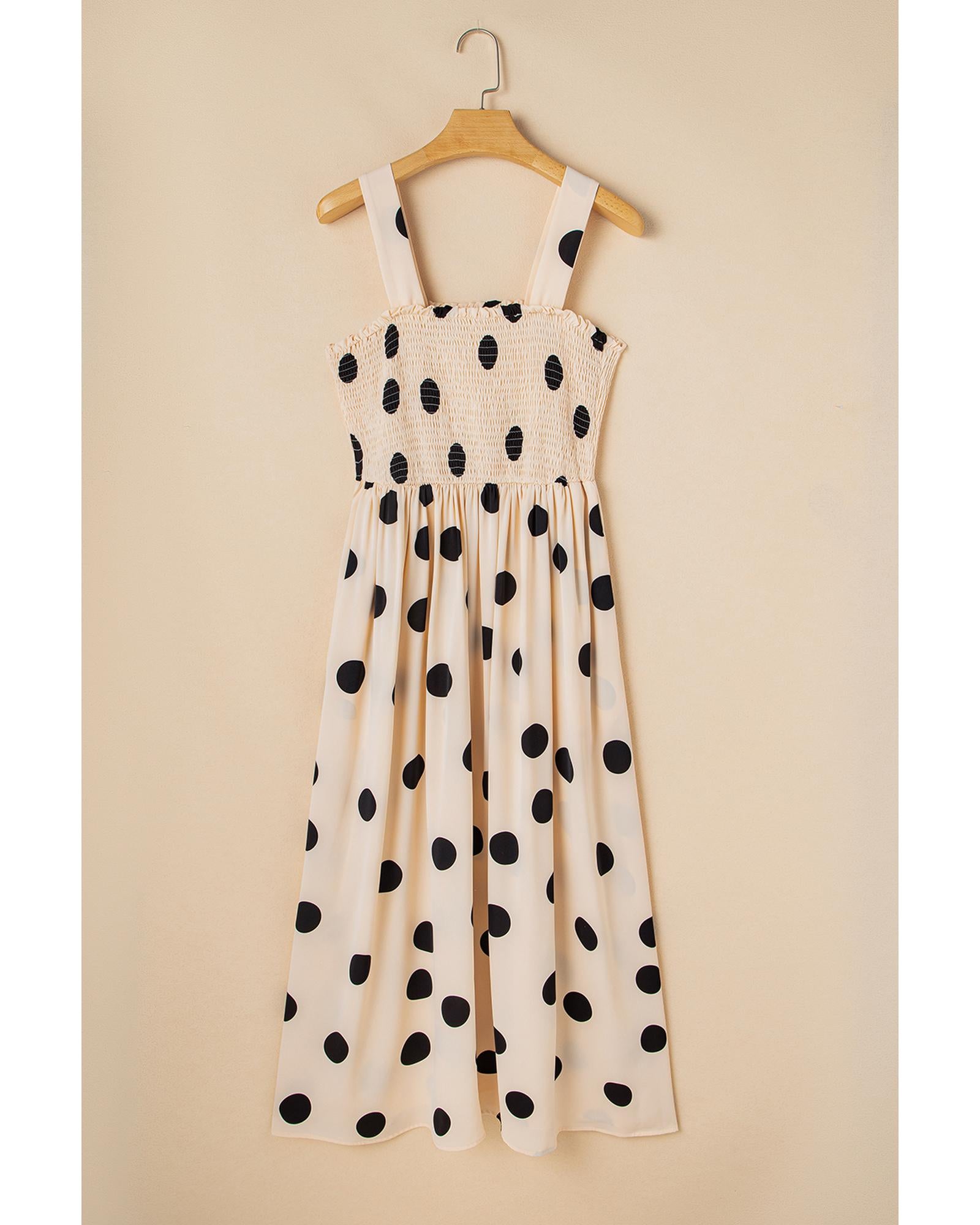 Oatmeal Polka Dot Smocked Fit Flared Sleeveless Long Dress - L 4