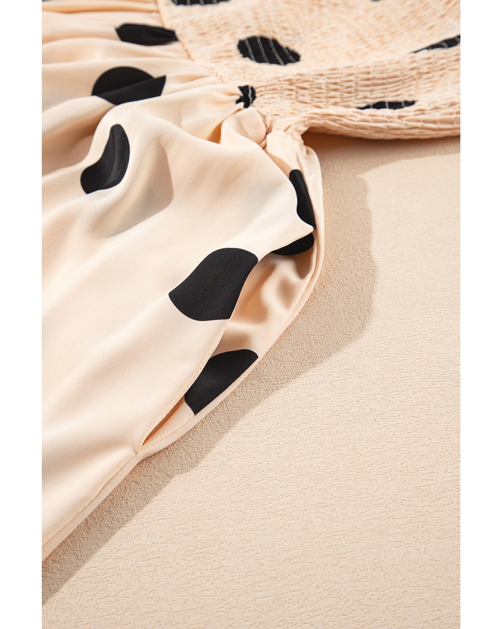 Oatmeal Polka Dot Smocked Fit Flared Sleeveless Long Dress - L 6