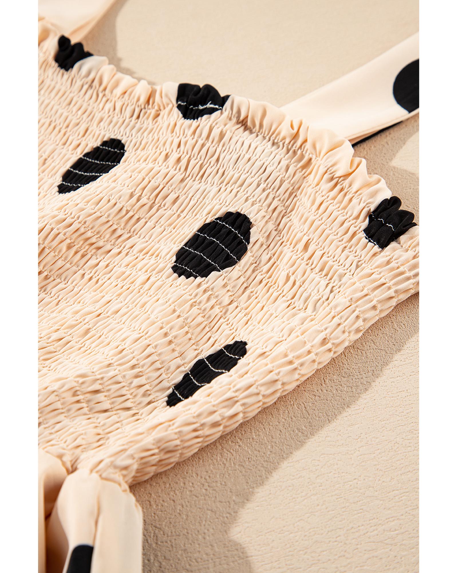 Oatmeal Polka Dot Smocked Fit Flared Sleeveless Long Dress - L 7