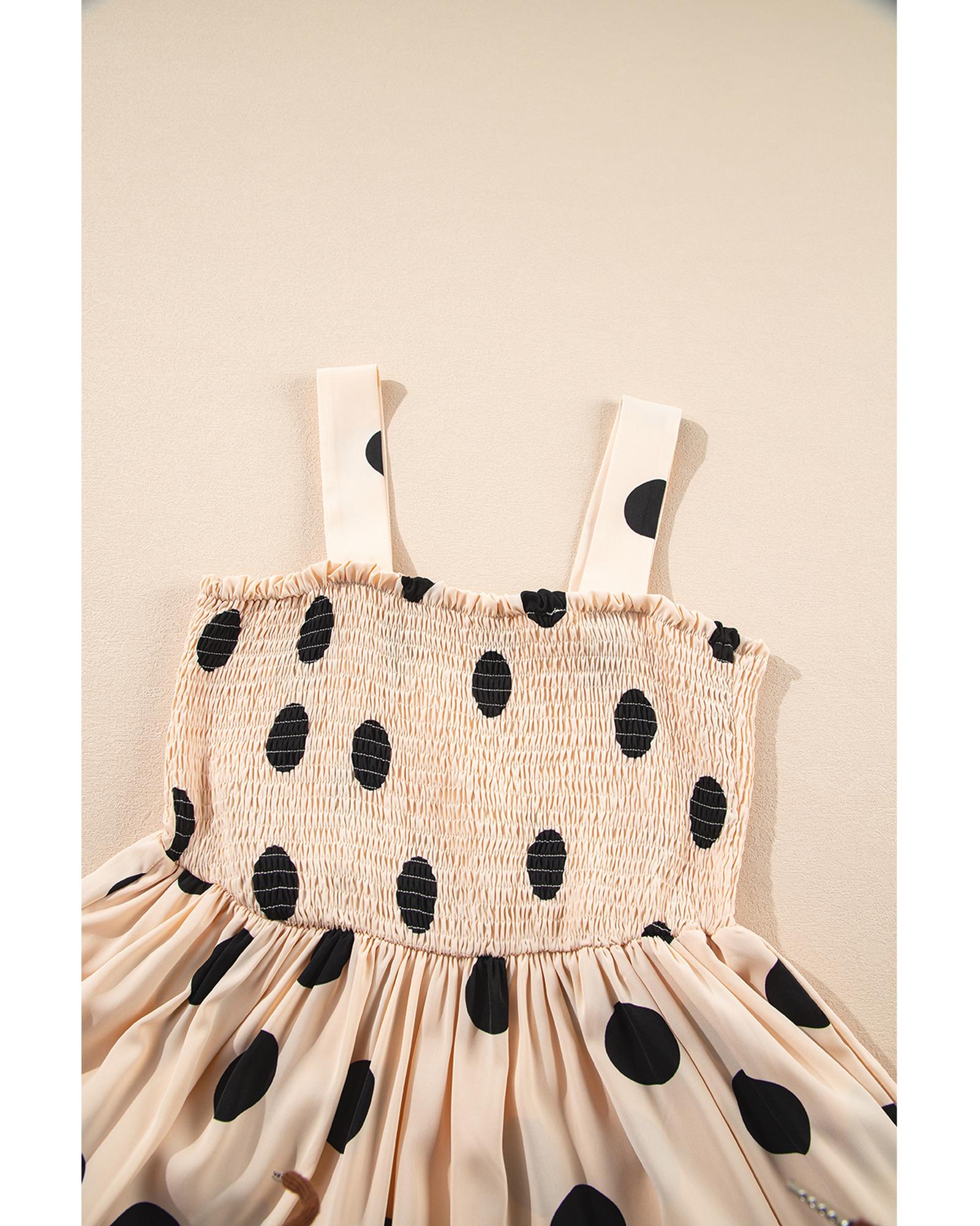 Oatmeal Polka Dot Smocked Fit Flared Sleeveless Long Dress - L 8