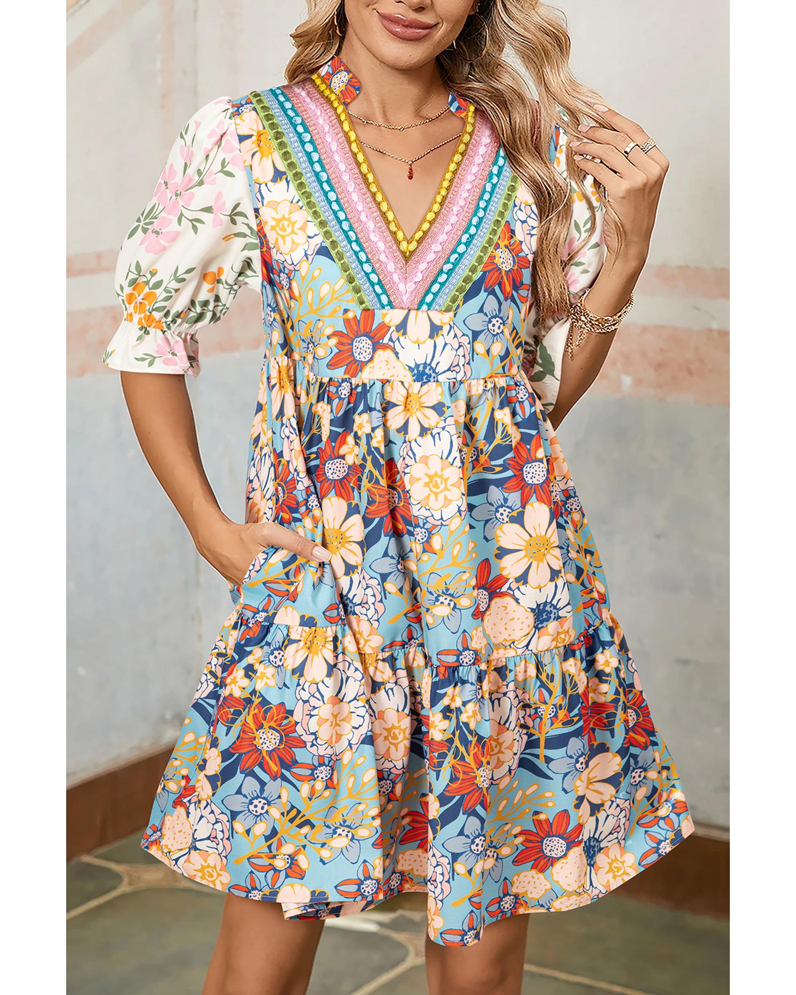 Multicolour Boho Floral Print Crochet Patchwork V Neck Loose Mini Dress - XL