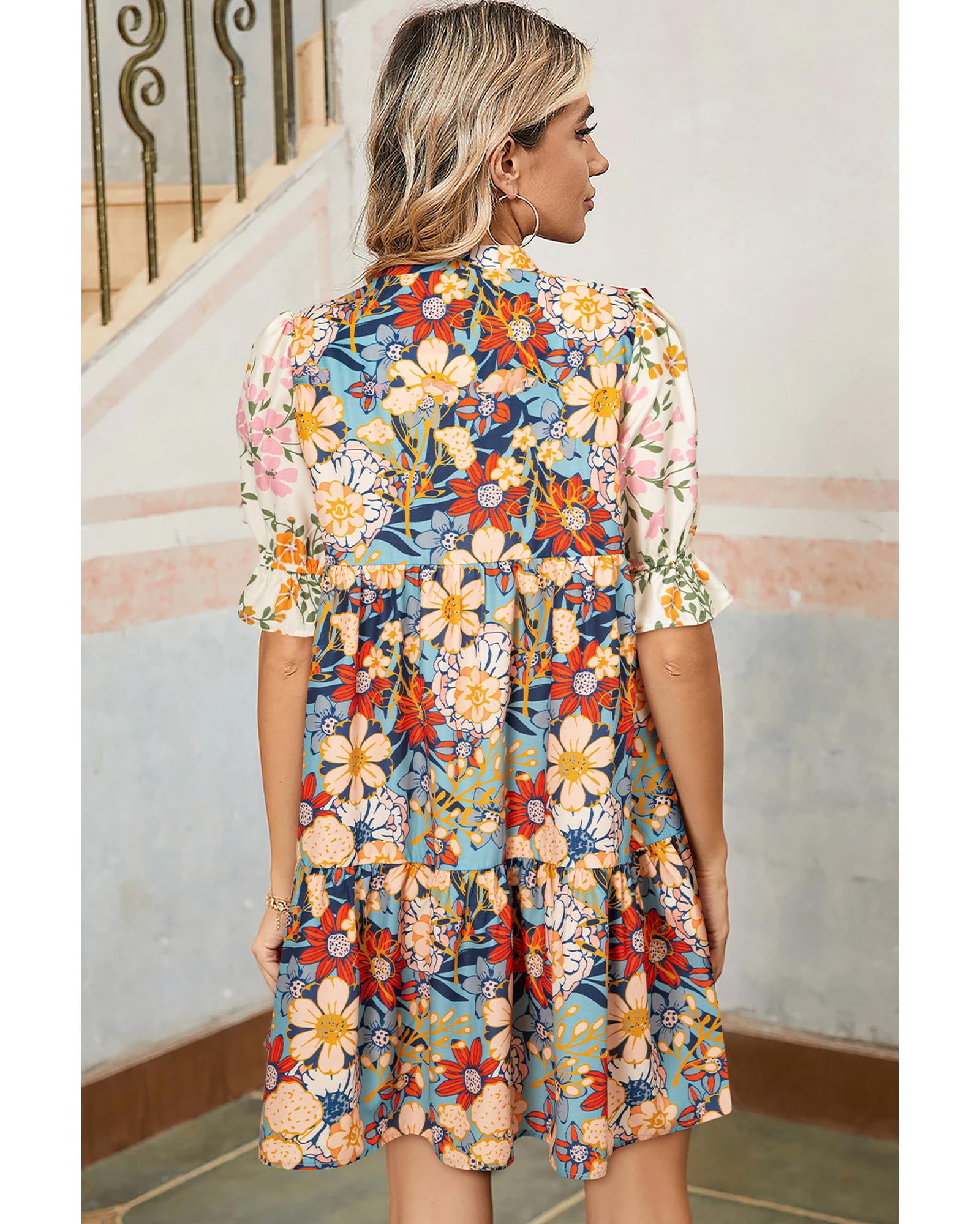 Multicolour Boho Floral Print Crochet Patchwork V Neck Loose Mini Dress - XL