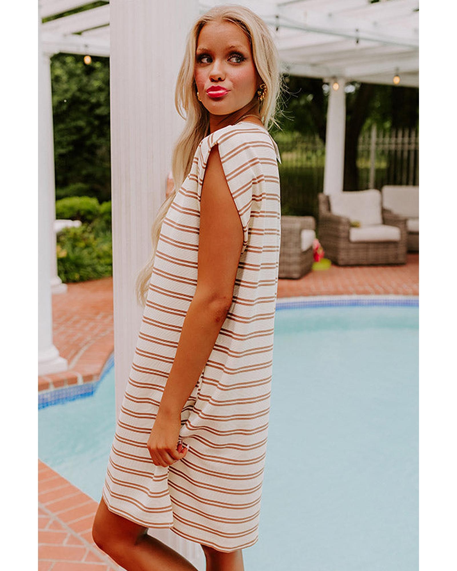 Khaki Stripe Round Neck Sleeveless Casual Pocketed Mini Dress - L 3