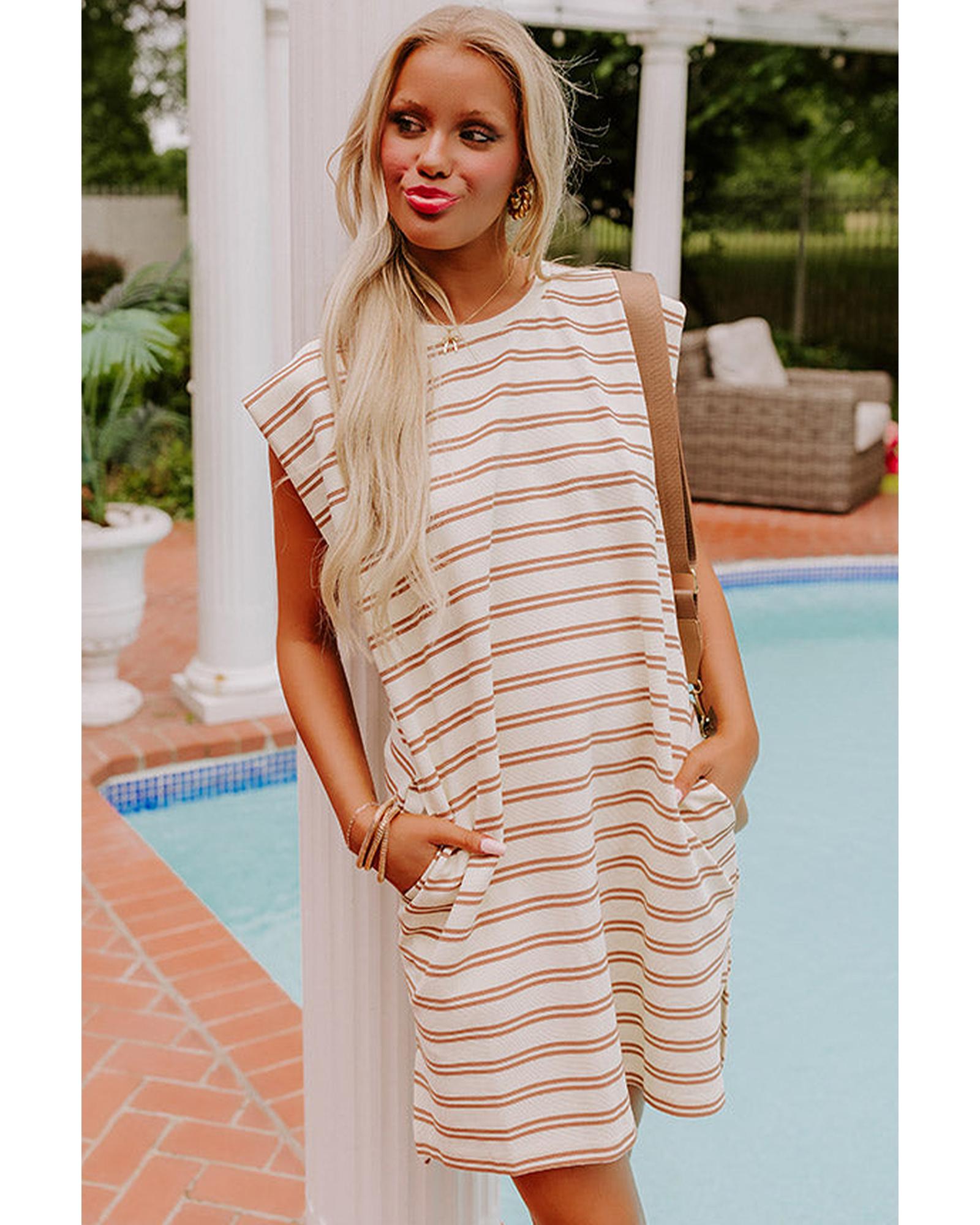 Khaki Stripe Round Neck Sleeveless Casual Pocketed Mini Dress - L 4