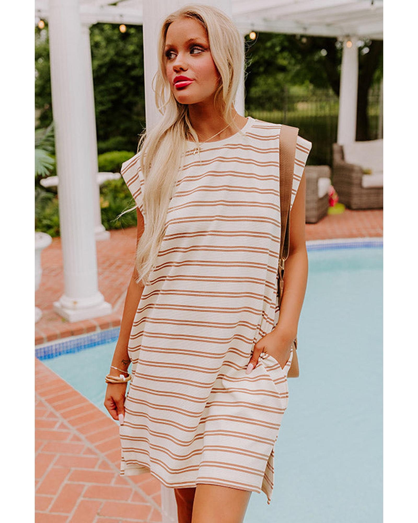 Khaki Stripe Round Neck Sleeveless Casual Pocketed Mini Dress - L 5