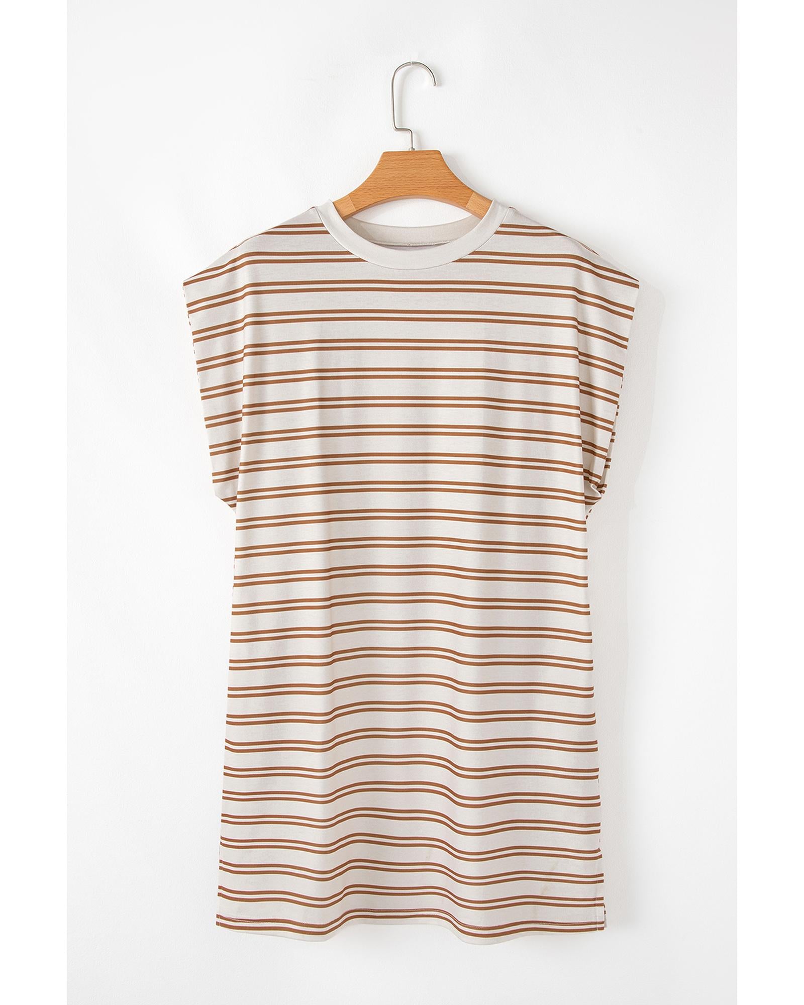 Khaki Stripe Round Neck Sleeveless Casual Pocketed Mini Dress - L 7