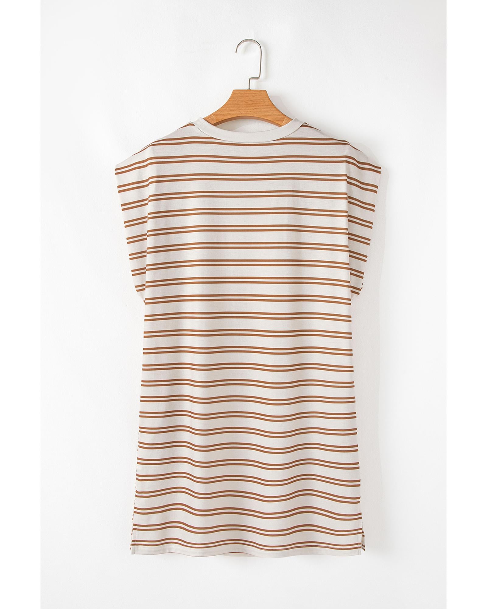Khaki Stripe Round Neck Sleeveless Casual Pocketed Mini Dress - L 8