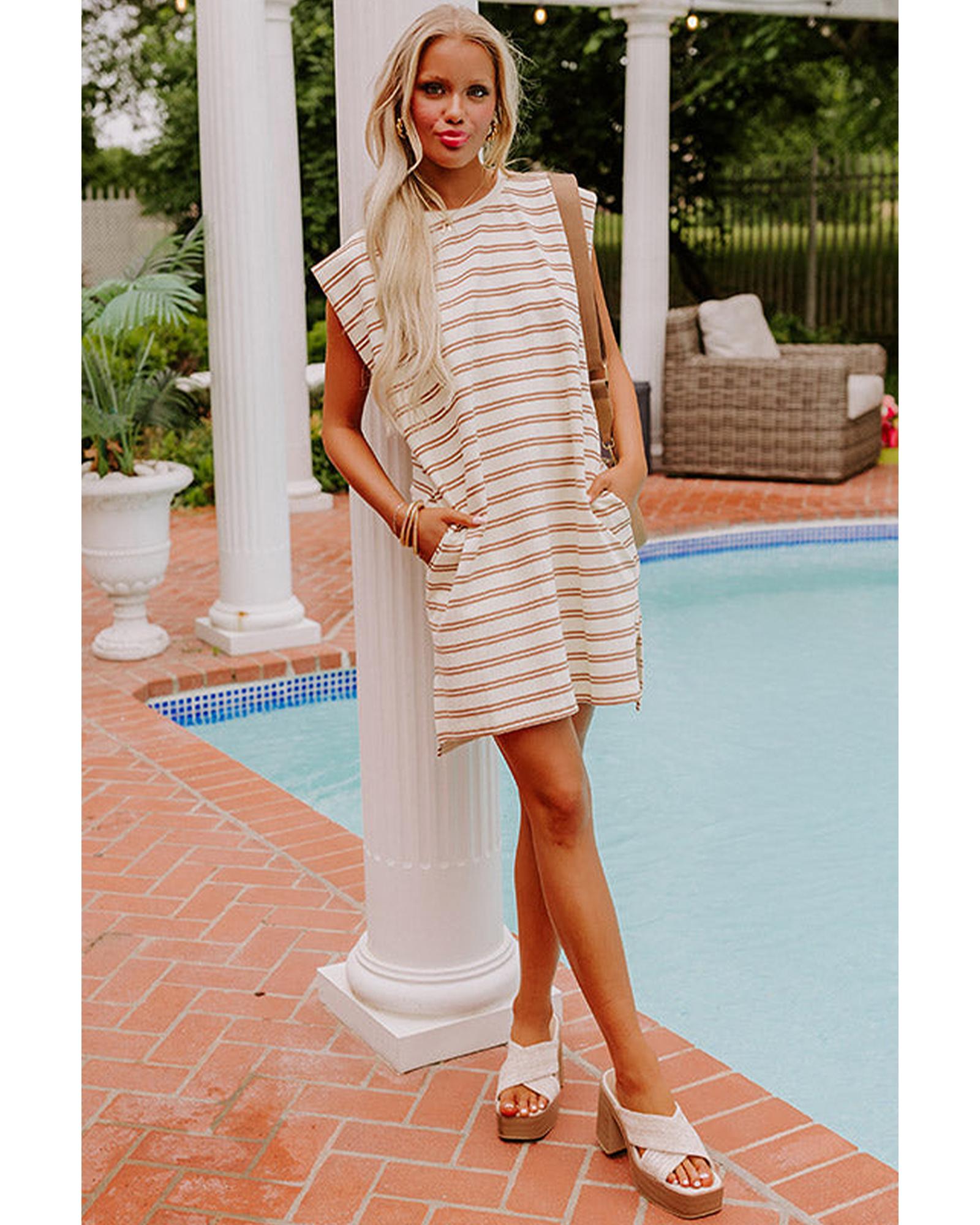 Khaki Stripe Round Neck Sleeveless Casual Pocketed Mini Dress - XL 6