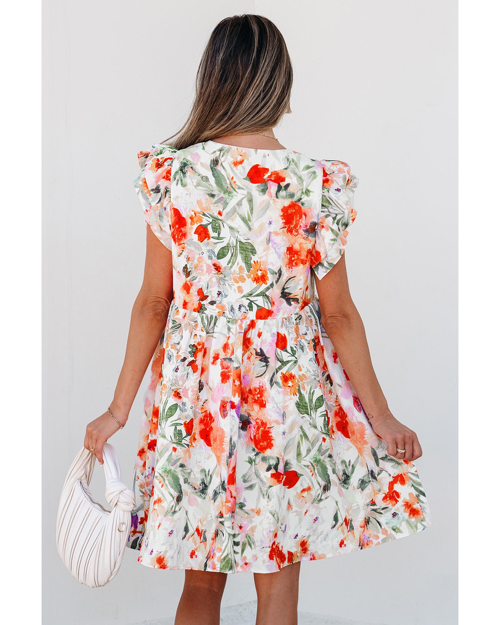 Pink Floral Double Ruffle Sleeve V Neck High Waist Mini Dress - L