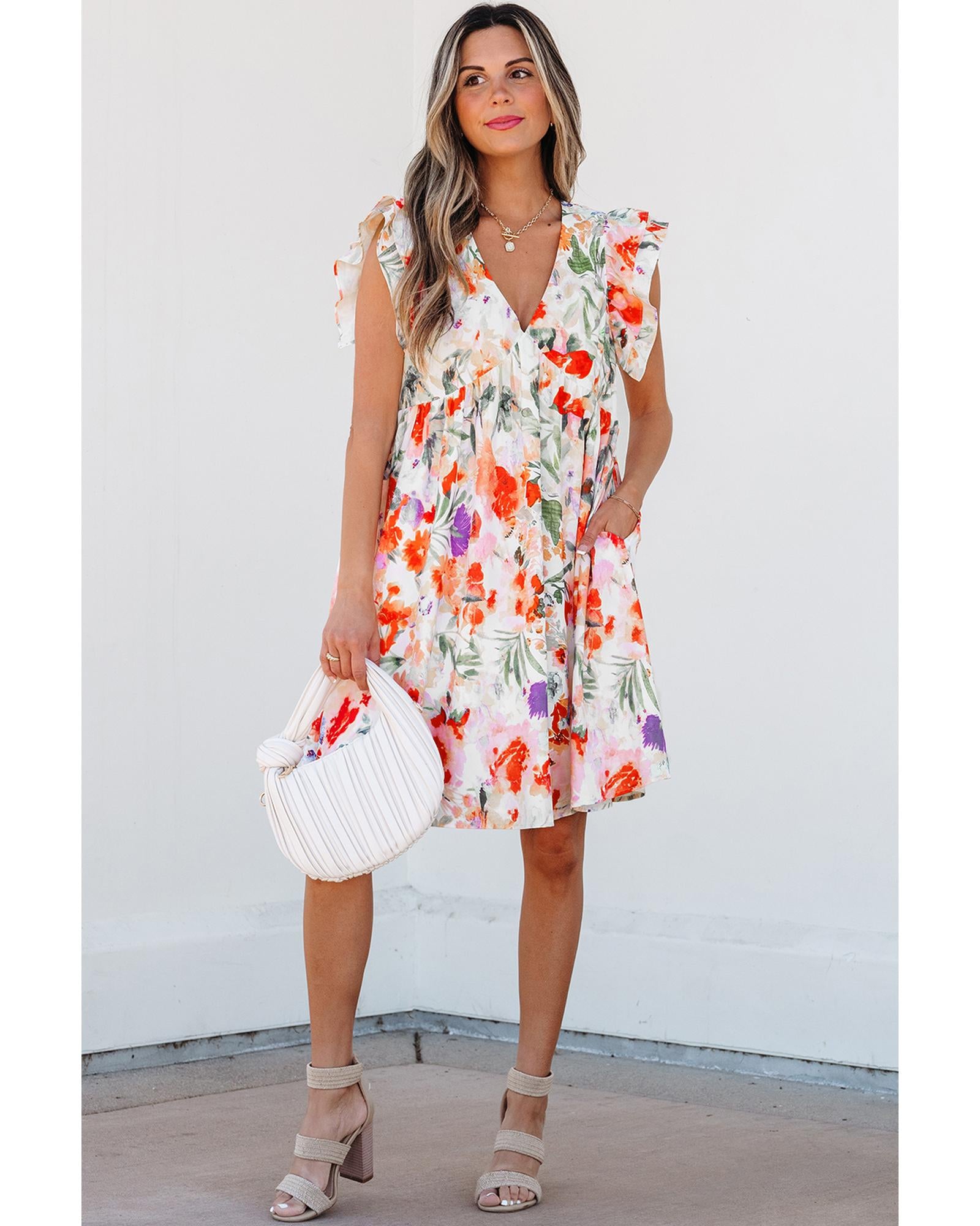 Pink Floral Double Ruffle Sleeve V Neck High Waist Mini Dress - L 3