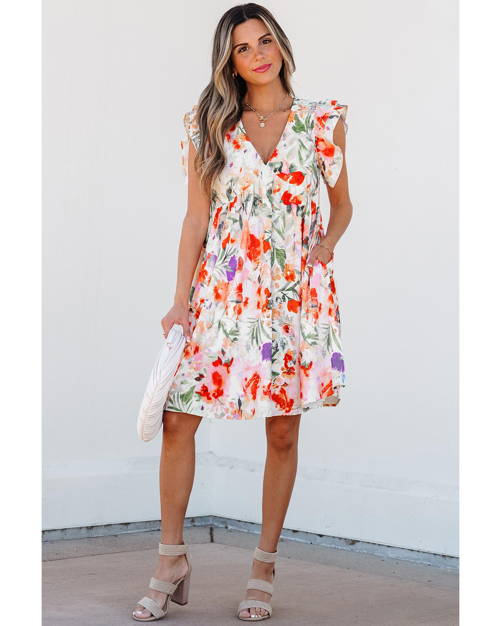 Pink Floral Double Ruffle Sleeve V Neck High Waist Mini Dress - L 5