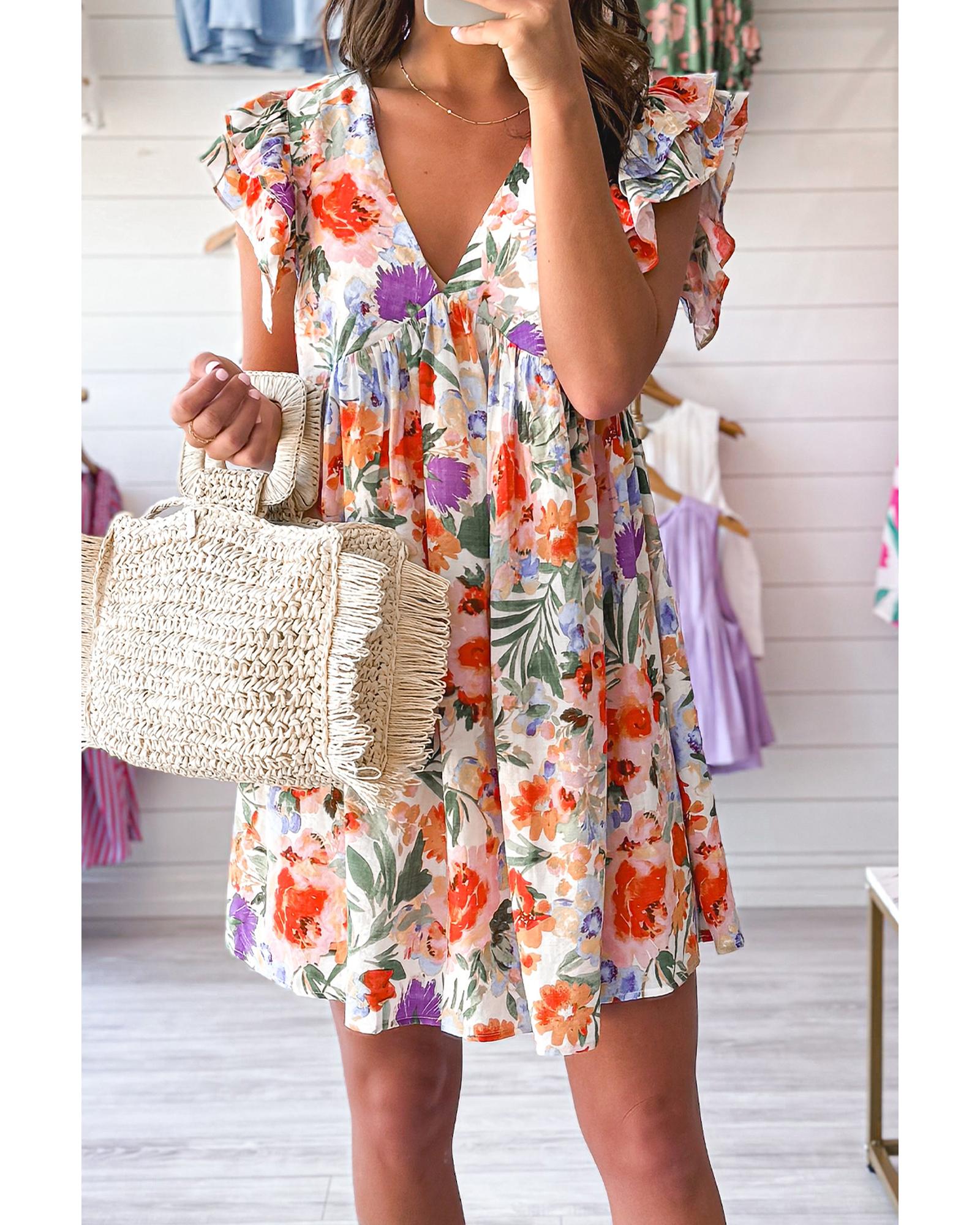 Pink Floral Double Ruffle Sleeve V Neck High Waist Mini Dress - L 7