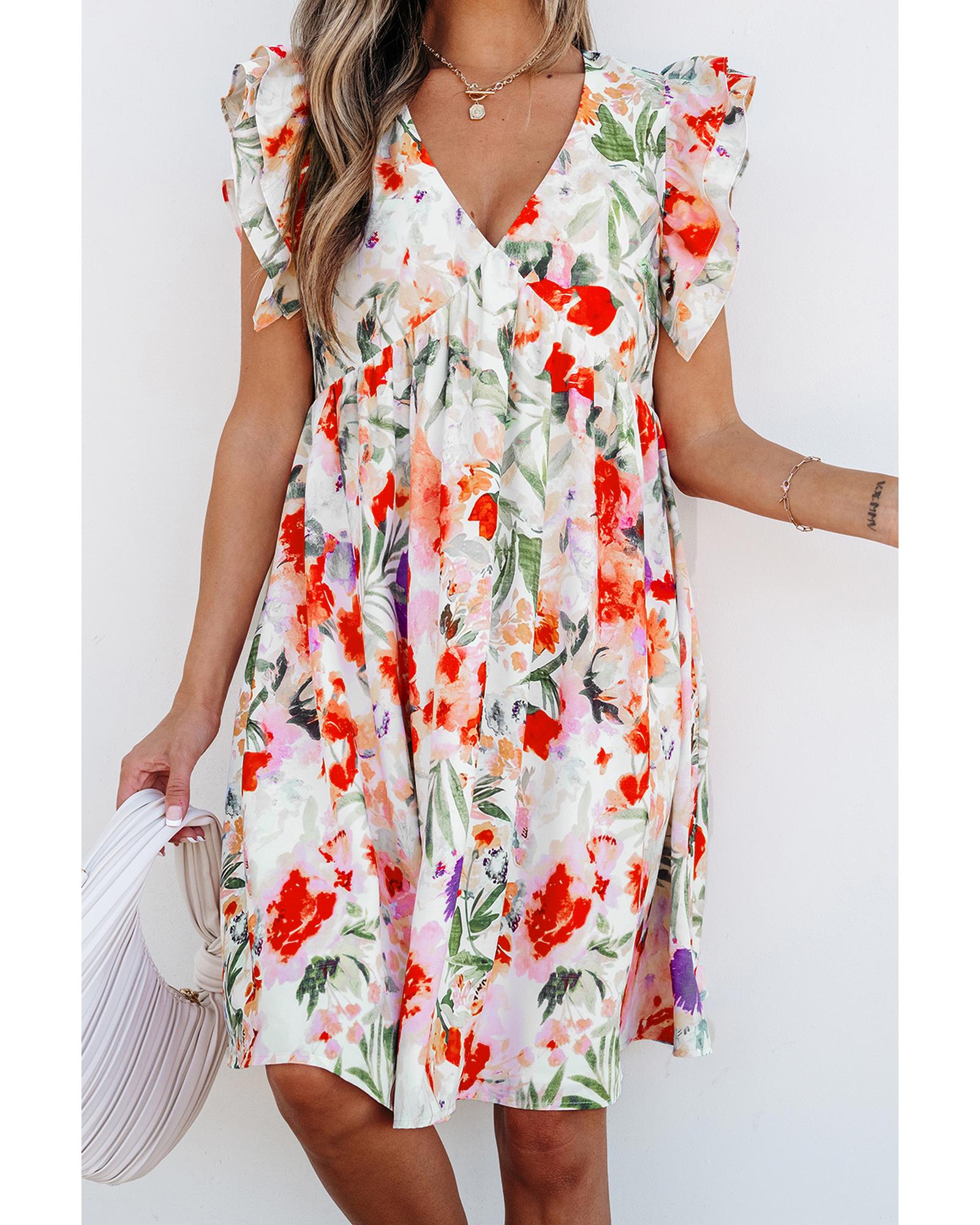 Pink Floral Double Ruffle Sleeve V Neck High Waist Mini Dress - M 6