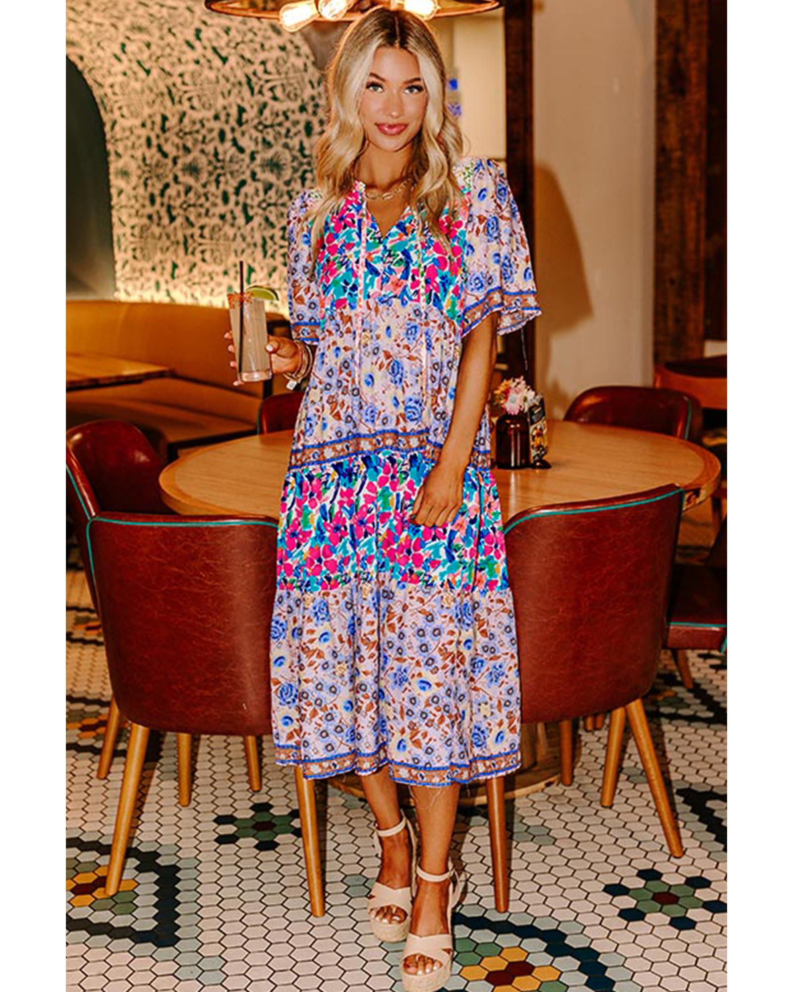 Sky Blue Mixed Floral Print Tie Split Neck Short Sleeve Dress - L 4